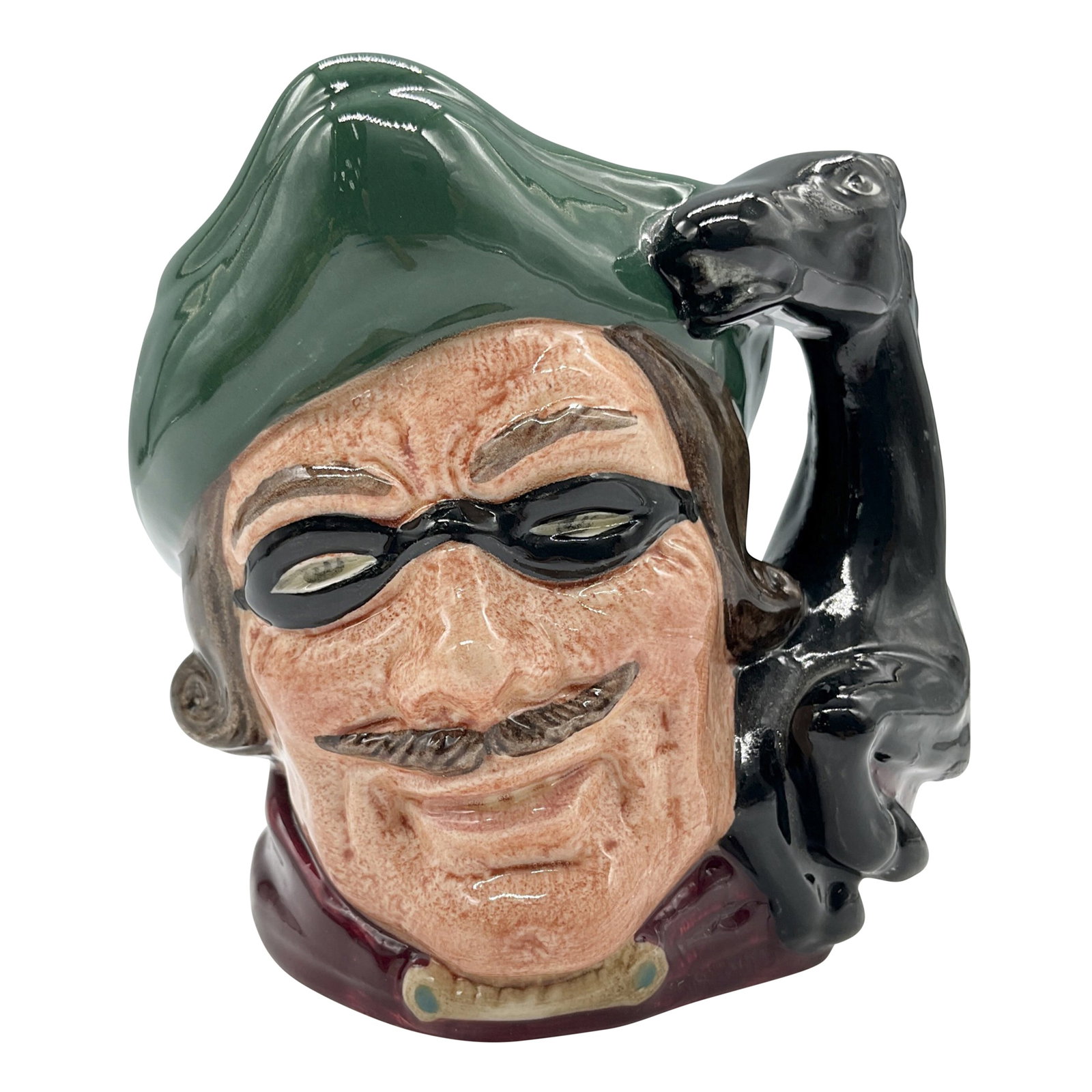 Dick Turpin (Horse Handle) D6535 Small Doulton Character Jug: Style Two, neck and head of horse handle. Green tricorn; black mask over the eyes; red jacket. Royal Doulton backstamp. Artist: David B. Biggs Dimensions: 3.75"H Date or Era: 1960 - 1981 Manufacturer 