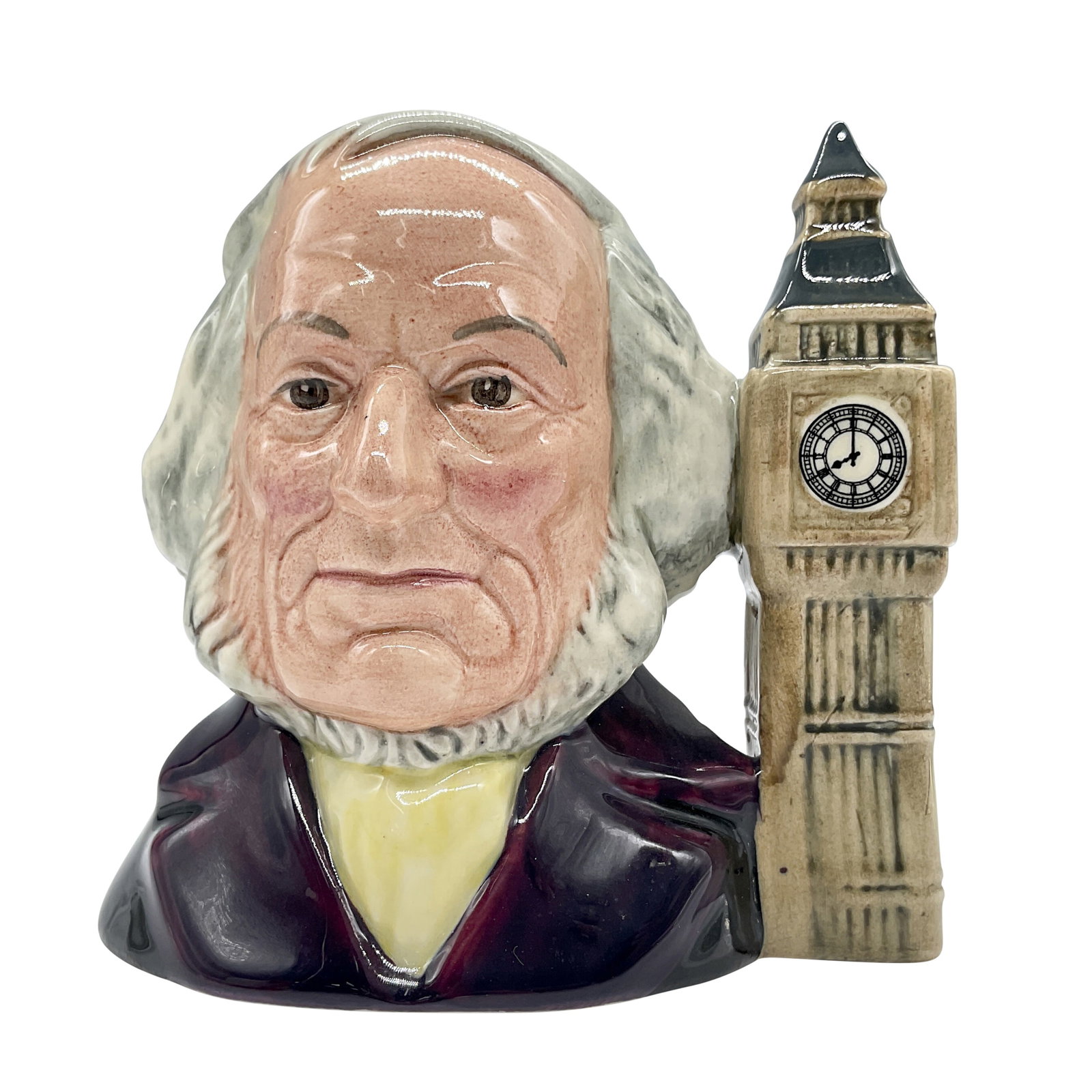 John Doulton 8 O'clock D6656 Small Doulton Character Jug: Variation One, Big Ben is at Eight O'clock. Black coat with purple collar; lemon cravat; Big Ben is light brown. Royal Doulton backstamp. Artist: Eric Griffiths Dimensions: 4.25"H Date or Era: 1980 - 