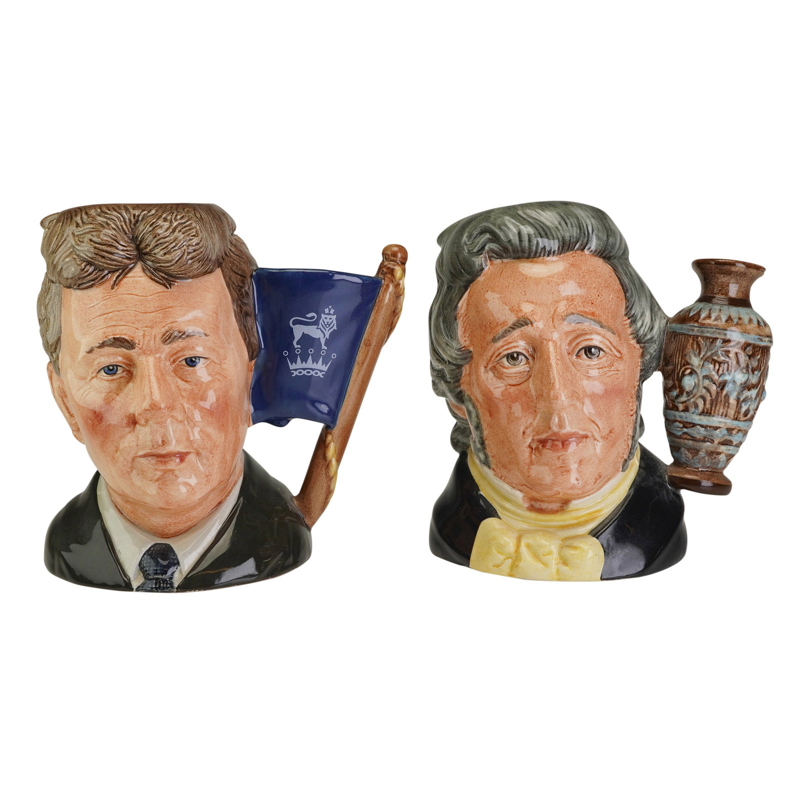 2pc Royal Doulton Small Character Jugs, Michael Doulton and Sir Henry Doulton: This lot features two small Royal Doulton character jugs honoring important figures in the company's history. The first is the Michael Doulton D6808 character jug, designed by William K. Harper and is