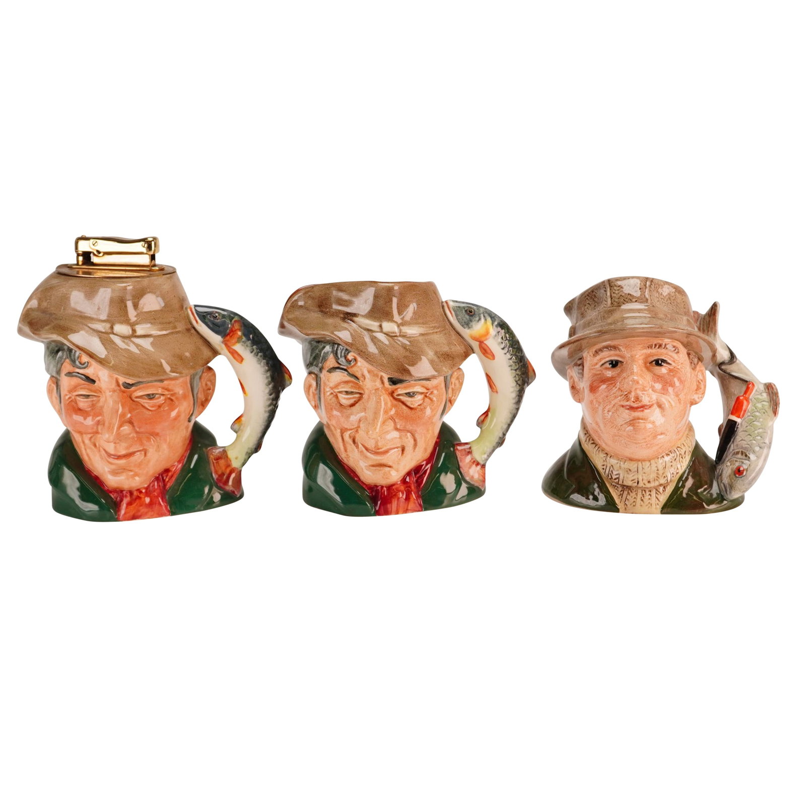 3pc Royal Doulton Character Jugs and The Poacher Lighter - D6464, 6866: This group consists of three Royal Doulton glazed earthenware items featuring the Poacher and the Angler characters. The collection includes a Poacher table lighter, a Poacher character jug, and an An