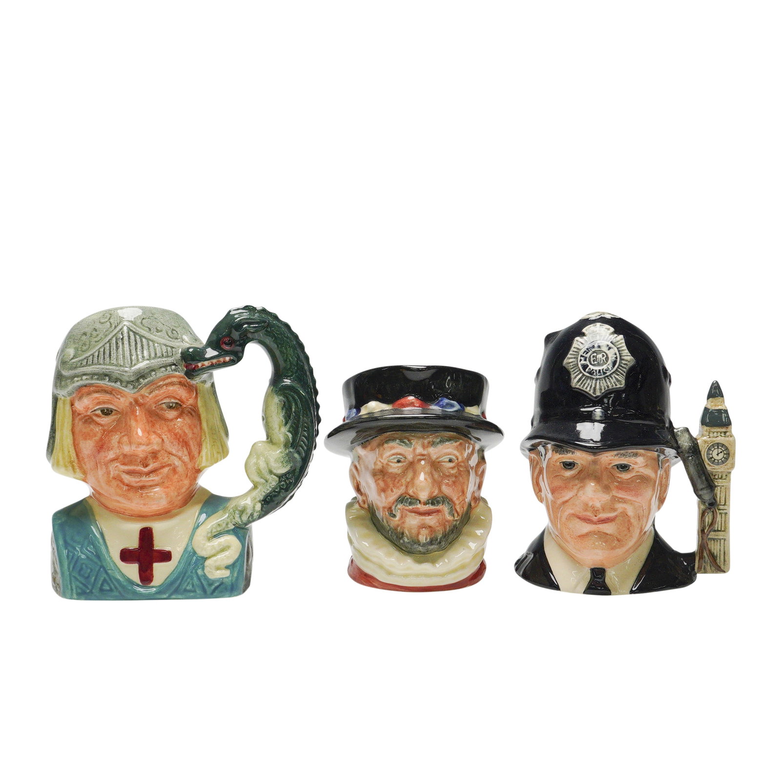 3pc Royal Doulton Small Character Jugs- D6762, D6618 & Toby D6233: Group of three Royal Doulton small character jugs, each hand-painted with fine detail and marked with Royal Doulton backstamps to the undersides. Includes The London Bobby (D6762, designer: Stanley J.
