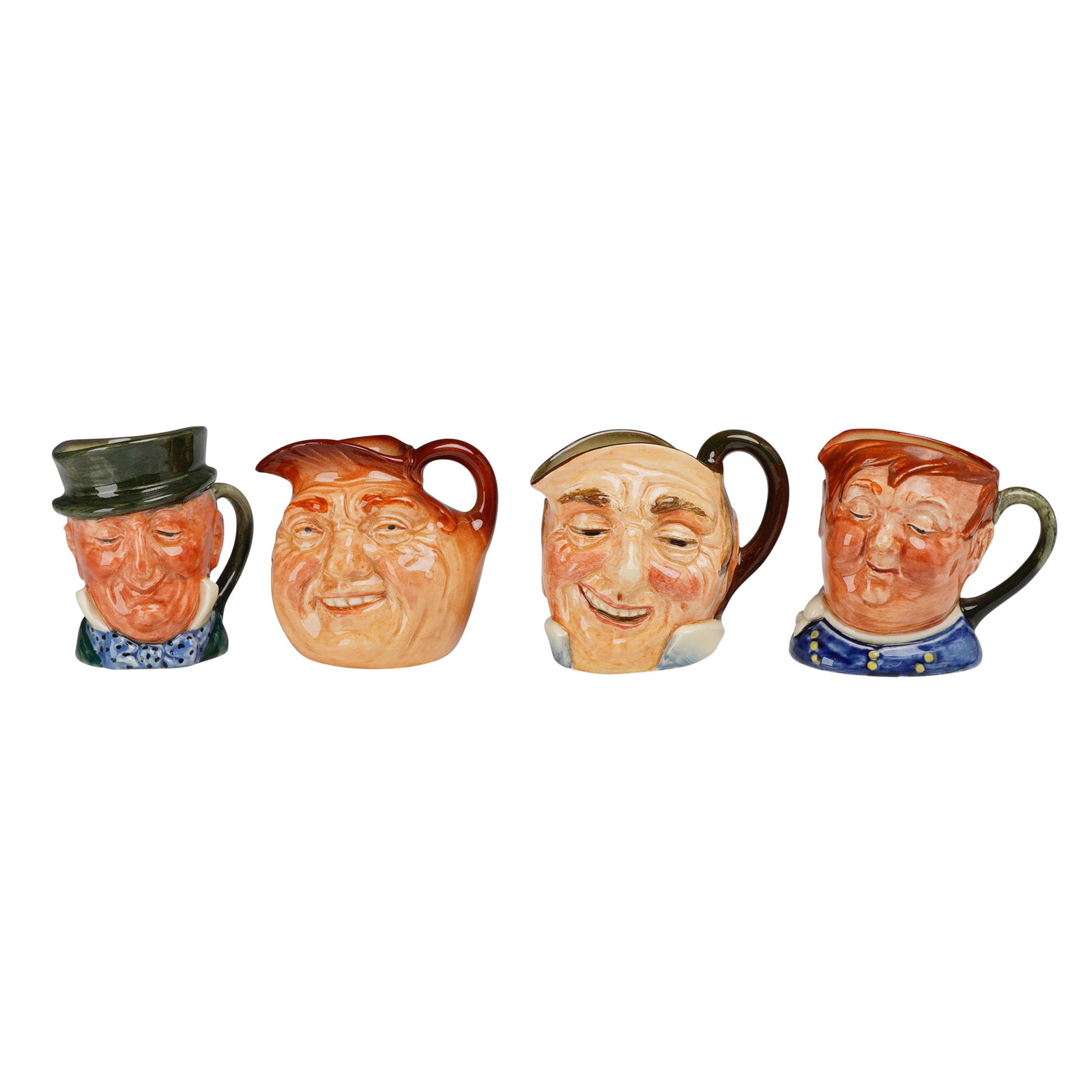 4pc Royal Doulton Character Jugs: A collection of four miniature glazed earthenware character jugs manufactured by Royal Doulton in England. The set includes the characters Paddy, Old Charley, Farmer John, and Fat Boy. Paddy is depict