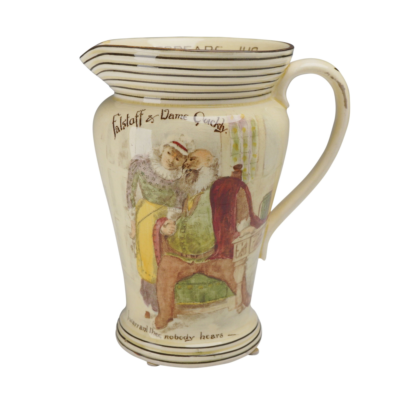 Royal Doulton Seriesware Shakespeare Series Falstaff and Dame Quickly Pitcher: This Royal Doulton Shakespeare Series pitcher (D2779) in glazed earthenware features a bulbous, rib-textured body with a pedestal base and single loop handle. The front displays a polychrome scene of 