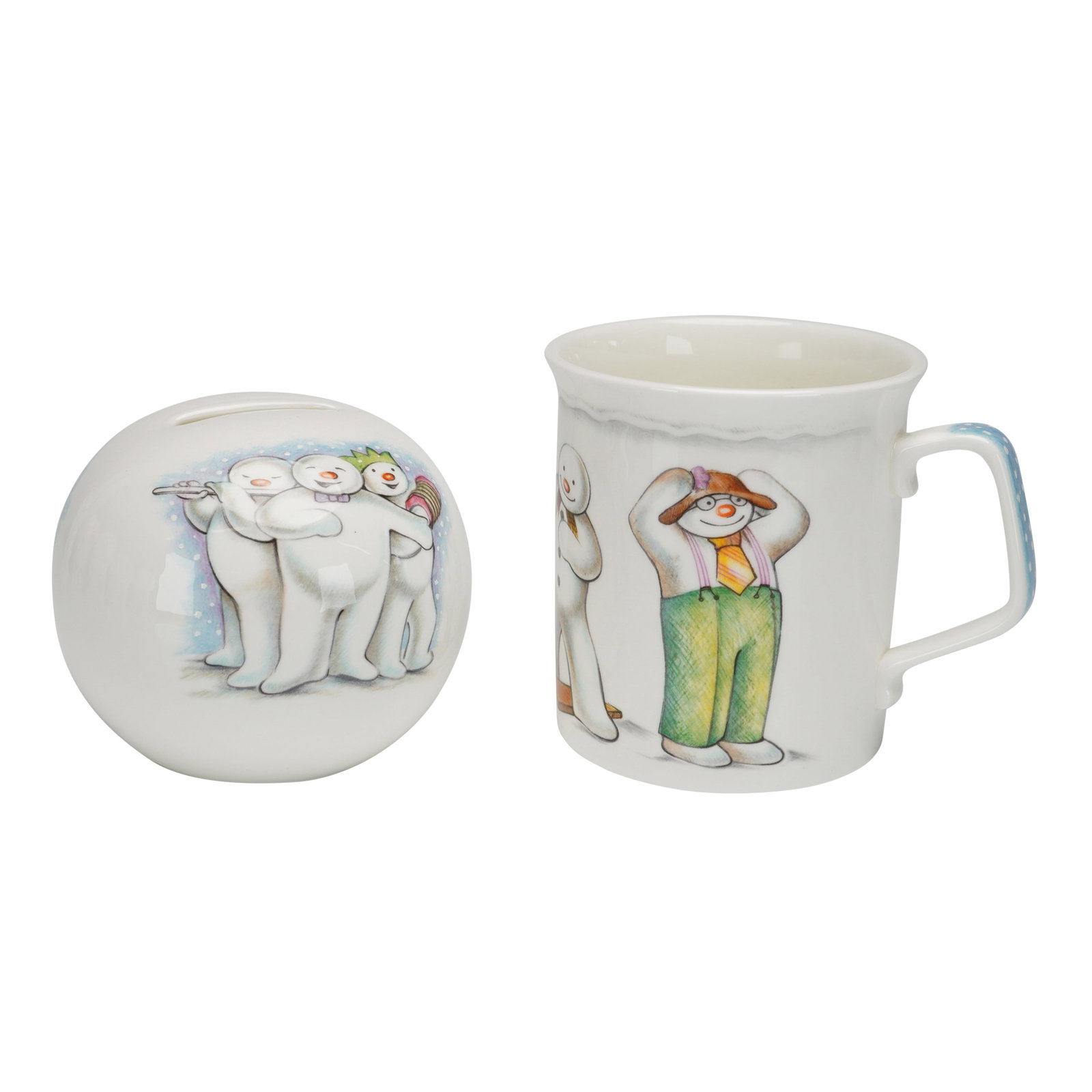 2pc Royal Doulton Bone China The Snowman Gift Collection Mug & Money Bank: A two-piece set of Royal Doulton bone china from The Snowman Gift Collection, manufactured in England and dated 1985. The set consists of a Playful Snowman mug and a Snowball Money Bank. The mug featu