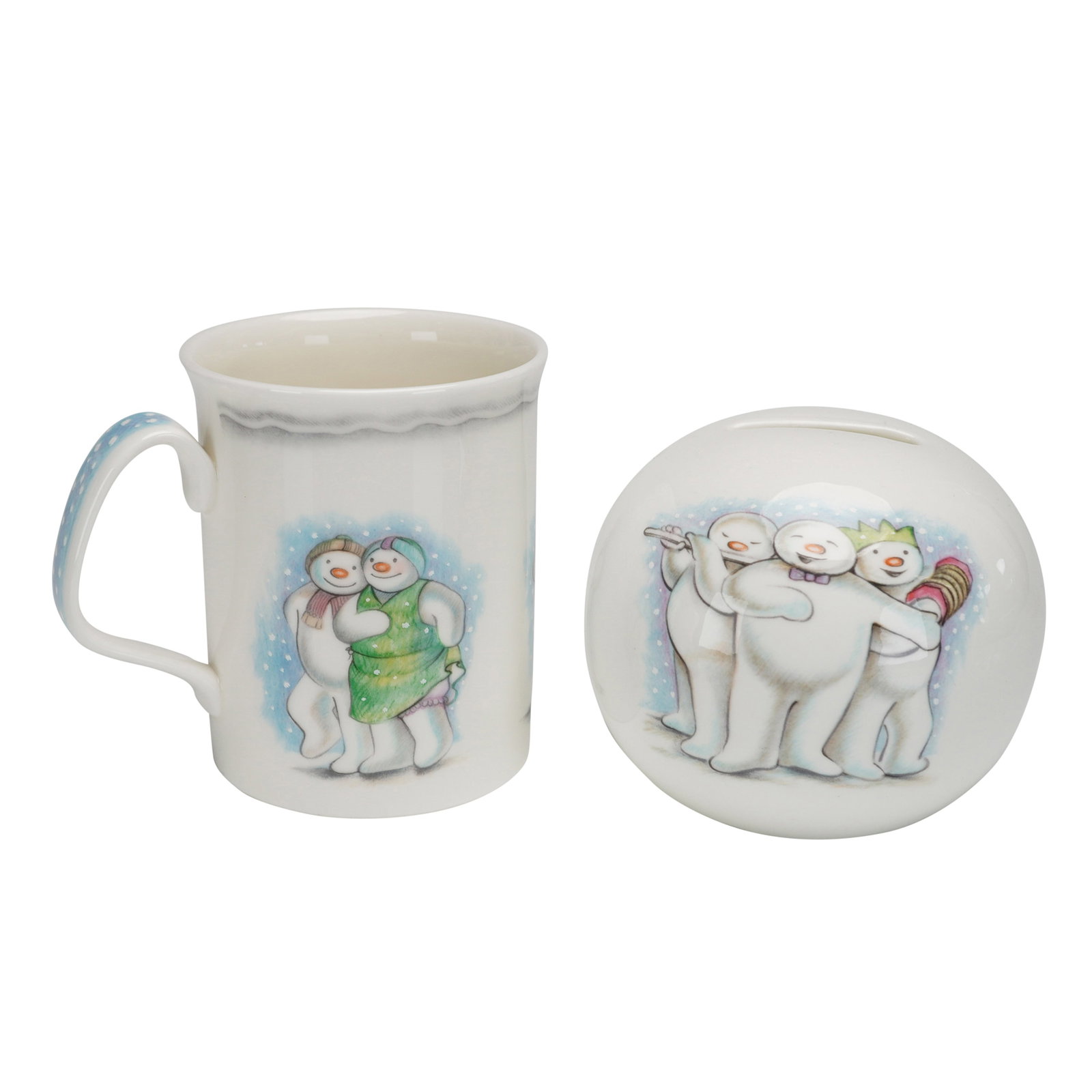 2pc Royal Doulton The Snowman Gift Collection Mug & Money Bank: Two pieces Royal Doulton bone china items from The Snowman Gift Collection, featuring illustrations based on the work of Raymond Briggs. The group includes a cylindrical mug and a spherical money bank