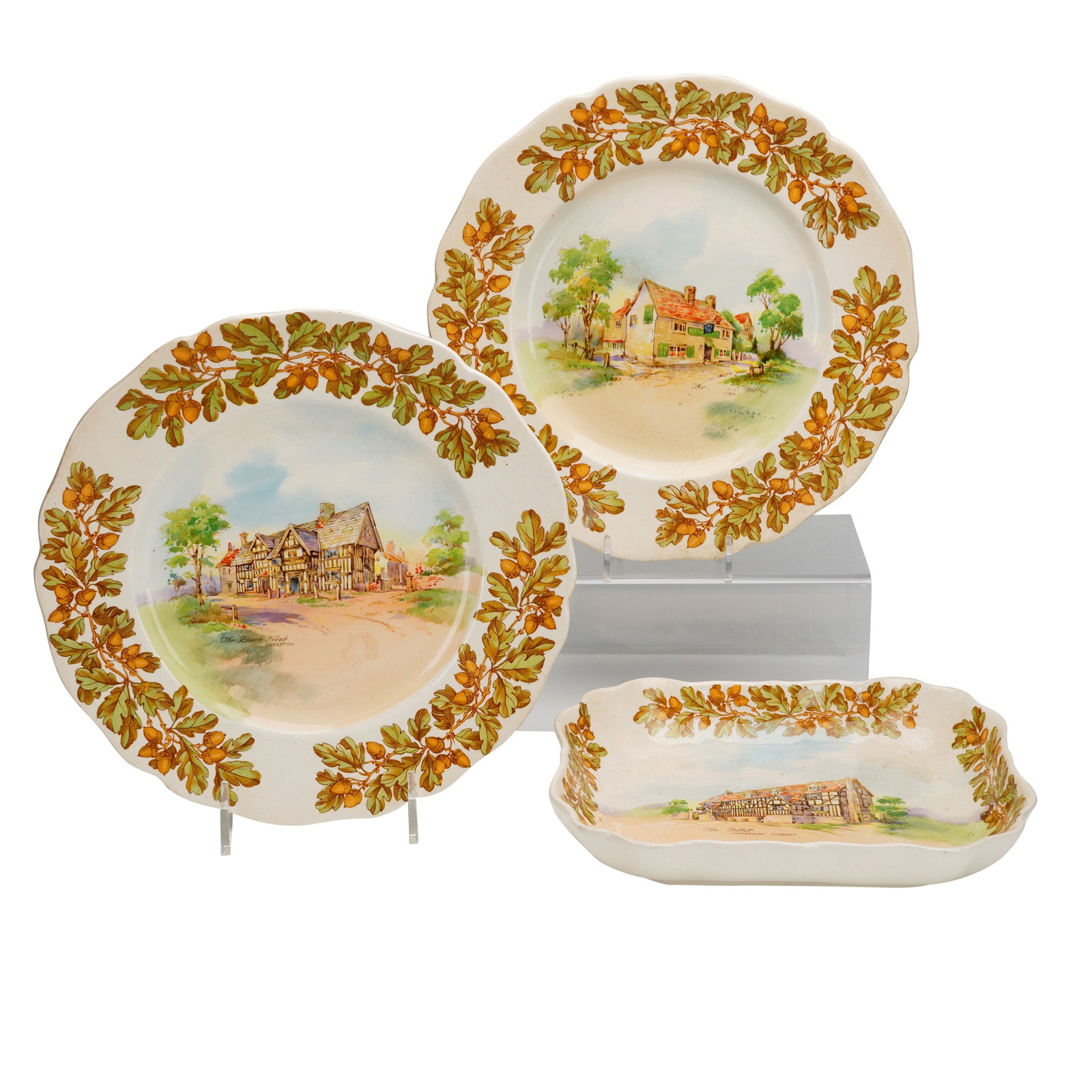 3pc Royal Doulton Old English Inns Ceramic Plates & Serving Dish Set, D6072: A trio of Royal Doulton ceramic tablewares from the Old English Inns series, pattern D6072. The set comprises two circular plates and one rectangular serving dish, all featuring scalloped rims and an 