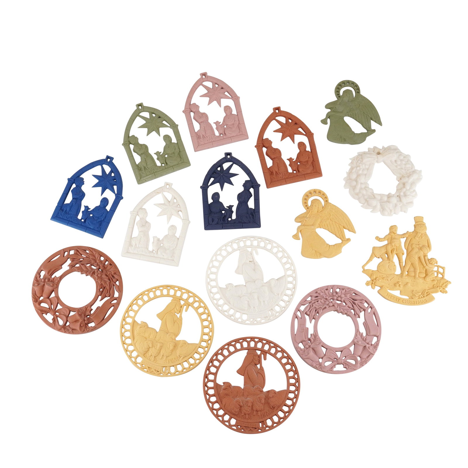 15pc Wedgwood Christmas Ornaments Collection: This fifteen piece collection of fine stoneware Christmas ornaments is manufactured by Wedgwood. The group features an assortment of relief-molded designs in various matte-finished colors including bl
