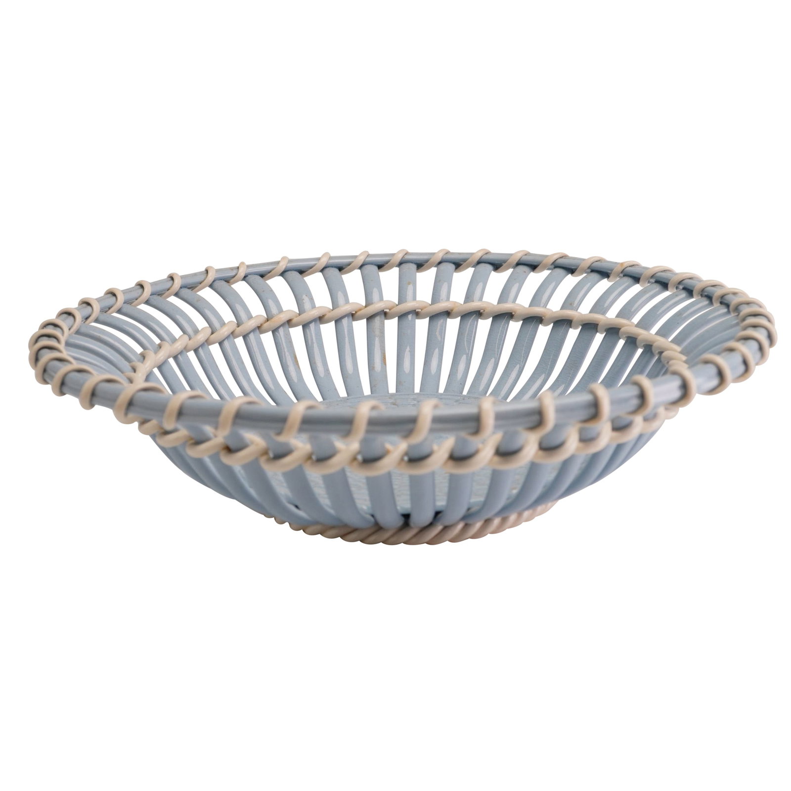 Wedgwood Etruria Pierced Creamware Basketweave Bowl: A circular Wedgwood glazed earthenware decorative bowl, often referred to as Queen's Ware or creamware, featuring a pierced latticework body. The bowl is constructed with radiating pale blue glazed ce