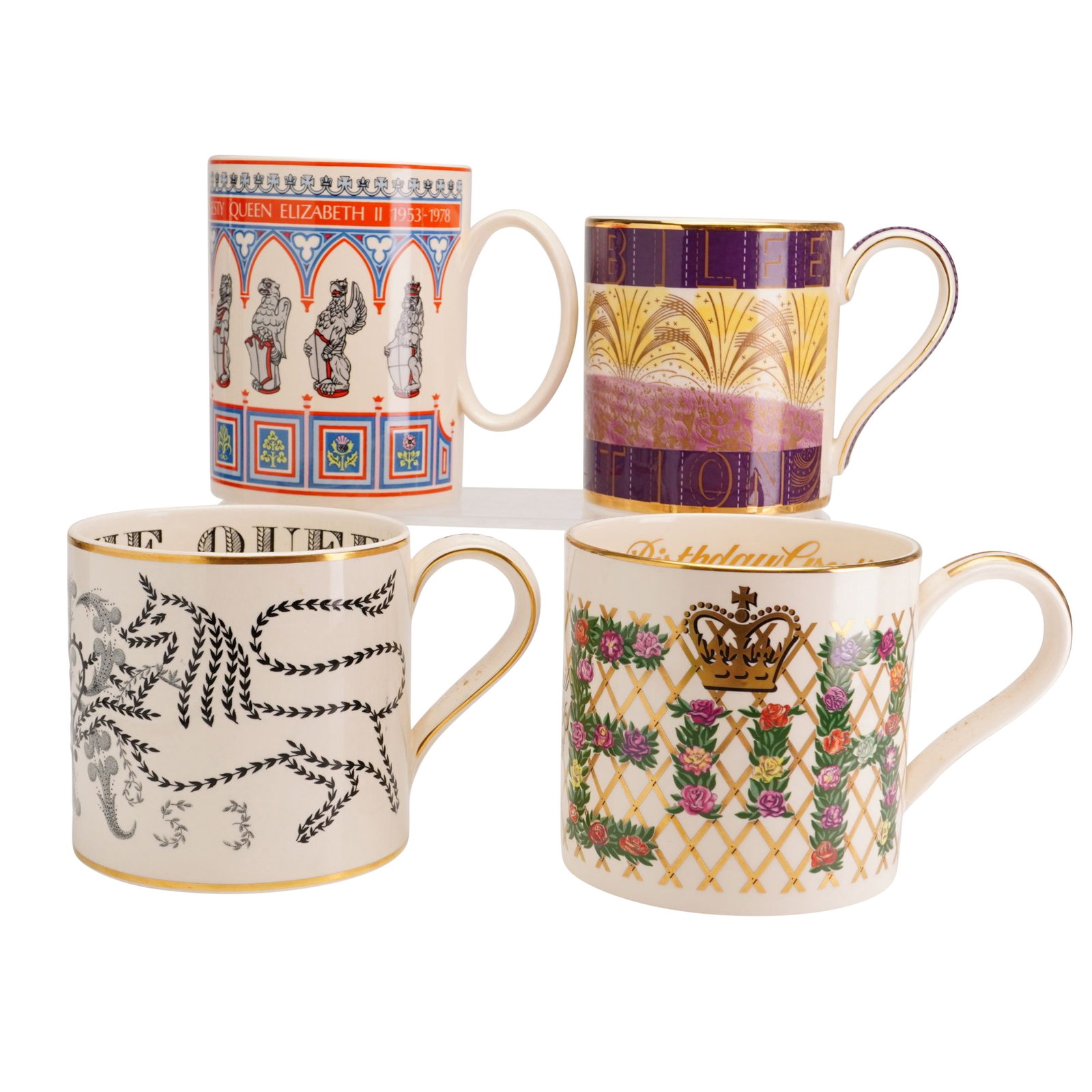 4pc Wedgwood Royal Commemorative Mugs: A collection of four fine earthenware mugs produced by Wedgwood to commemorate various milestones in the reign of Queen Elizabeth II. The lot features designs by Richard Guyatt and Eric Ravilious. Eac