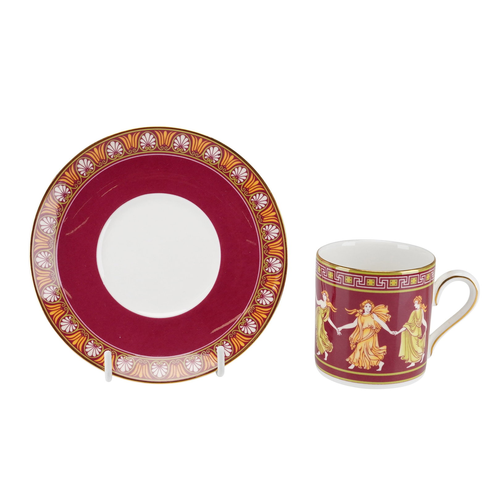 2pc Wedgwood Bone China Dancing Hours Pattern Cup and Saucer Set: A fine bone china cup and saucer set produced by Wedgwood, featuring the classical Dancing Hours pattern. The set consists of a straight-sided, cylindrical coffee can style cup with a simple looped ha