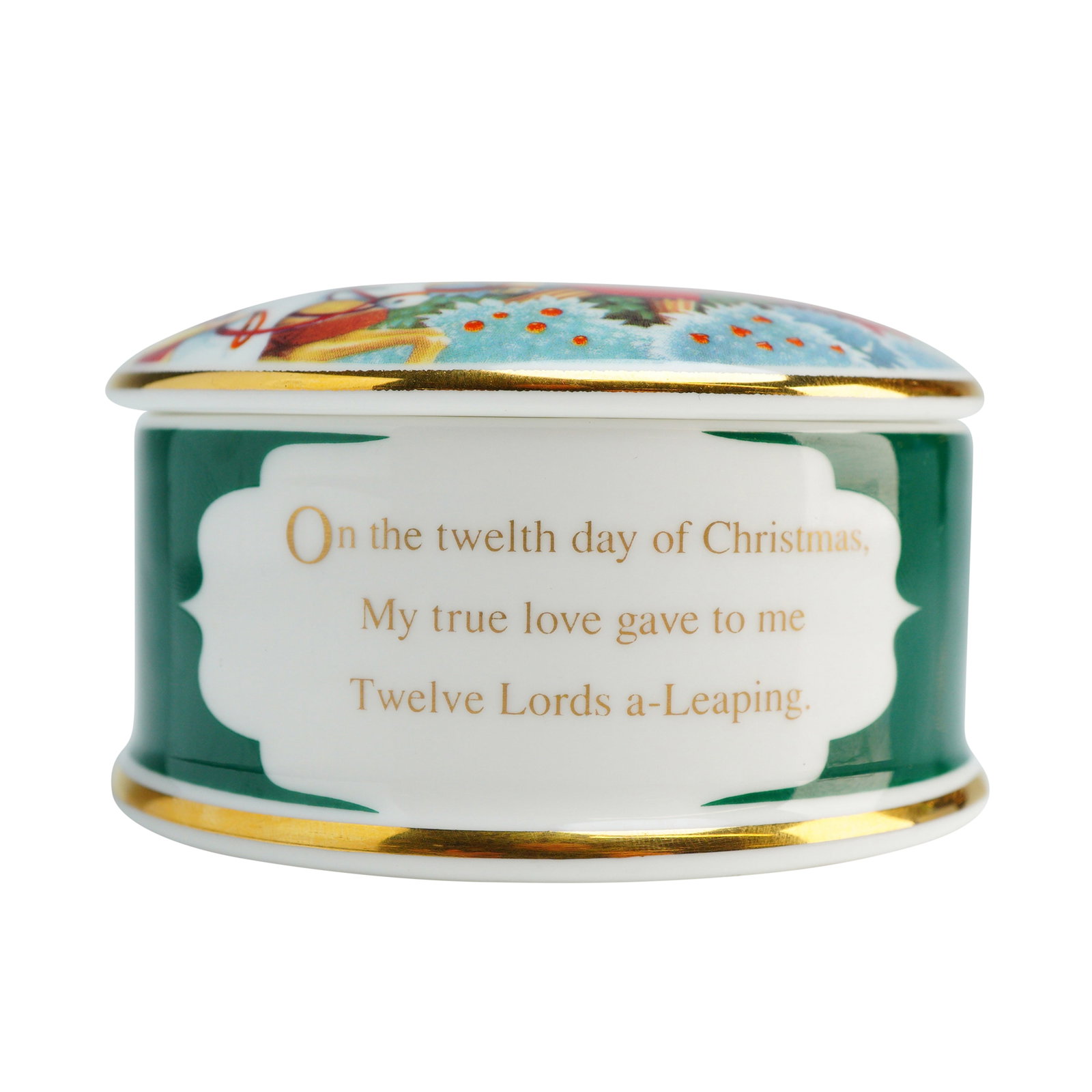 Wedgwood Bone China Lidded Box, 12 Lords a Leaping: This Wedgwood round bone china lidded box is part of the Twelve Days of Christmas series, specifically featuring the 12 Lords of Leaping. The circular trinket box is constructed with a deep green glaz
