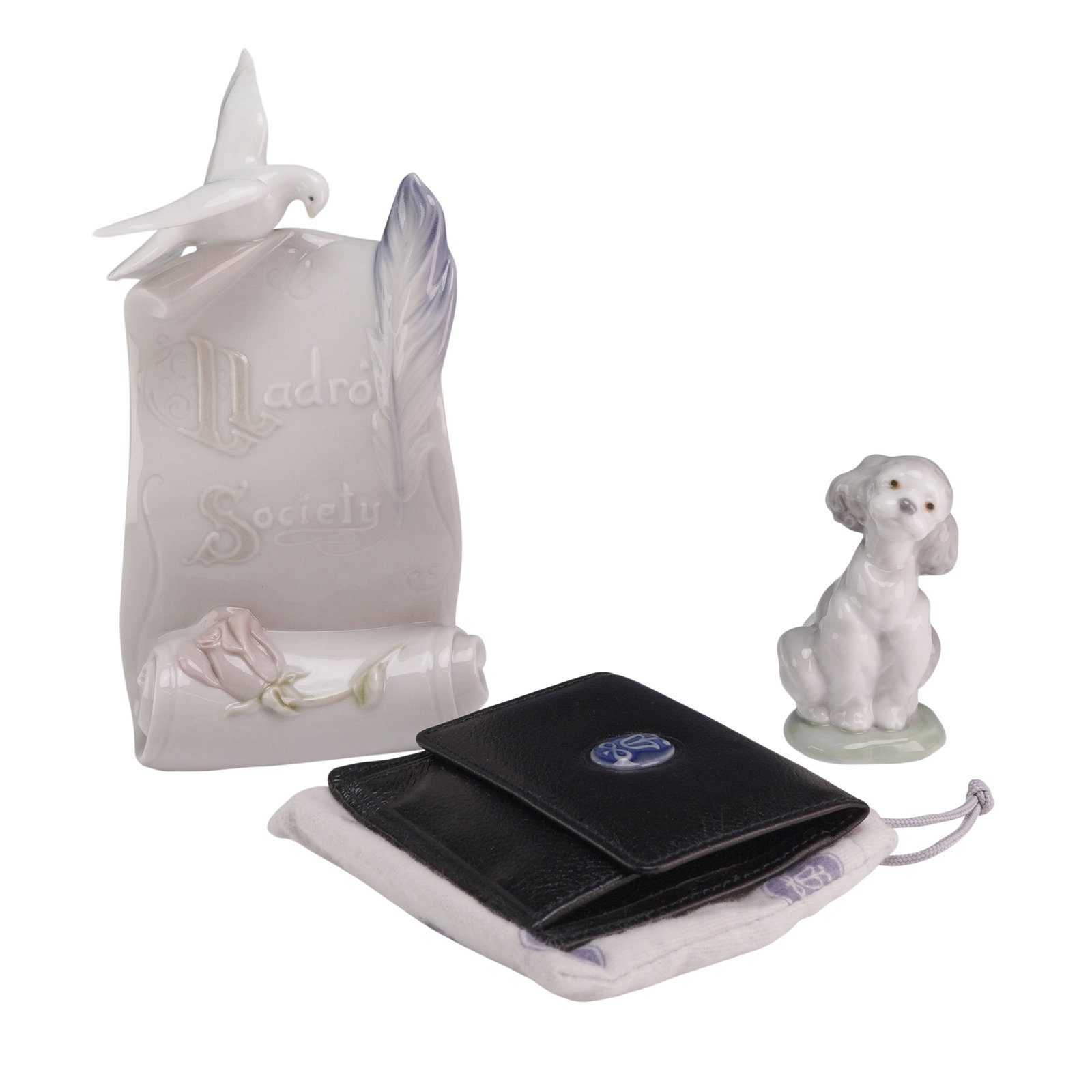 Three Lladro Collector's Society Pieces Including Scroll Plaque, Poodle Figurine, and Leather Coin (1 of 3)