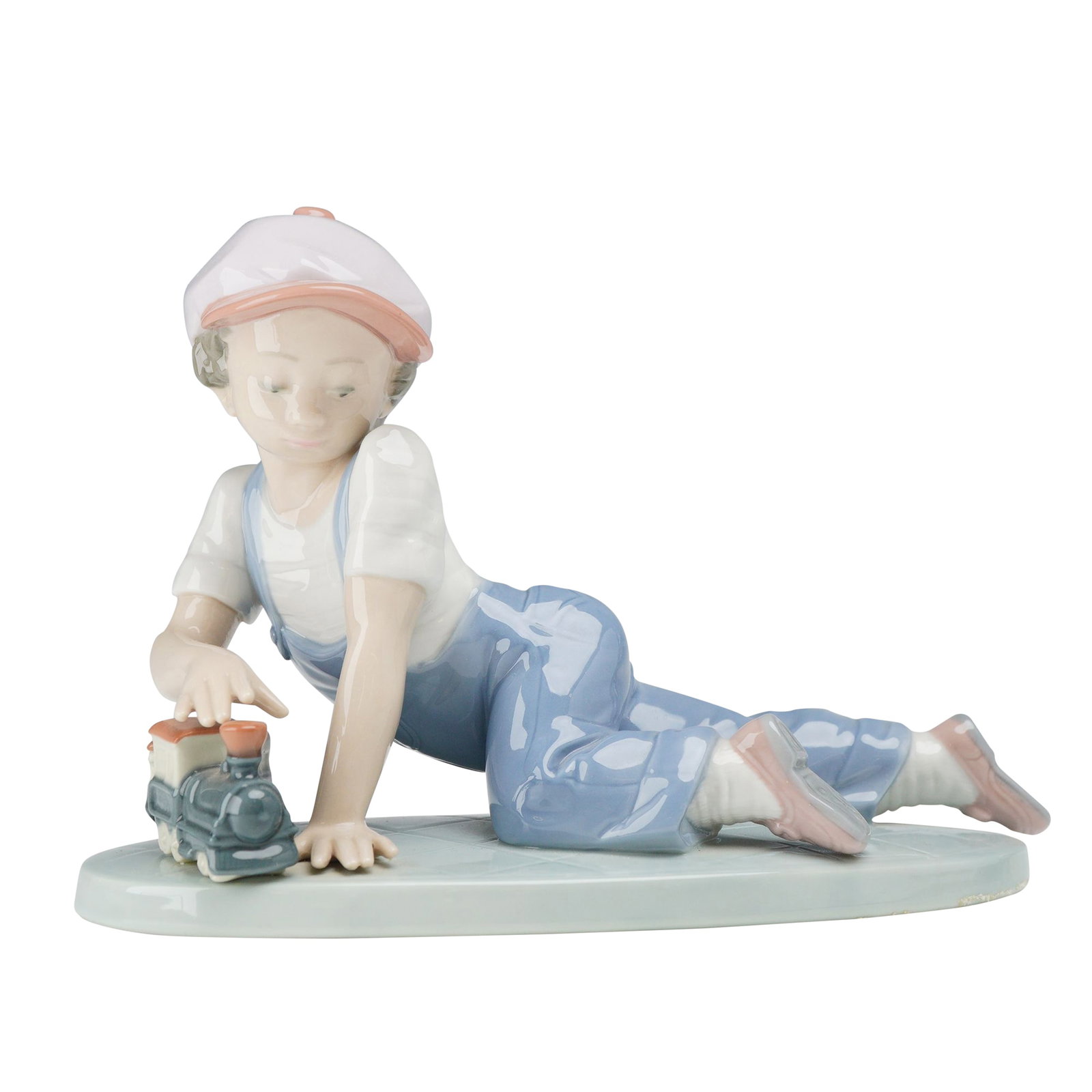 Lladro Collectors Society 1992 Porcelain Figurine, All Aboard 01007619: This is a genuine Lladro glazed porcelain figurine titled All Aboard, also cataloged as Un Pequeno Maquinista, identified by model number 7619. Designed by Antonio Ramos, this piece was issued as a sp