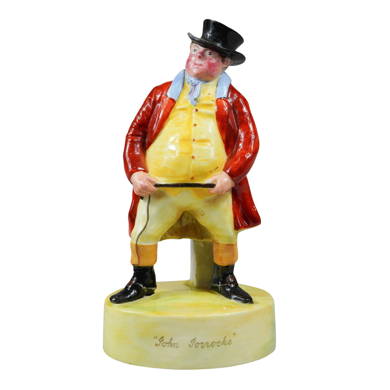 Wedgwood Bone China Figurine of John Jorrocks: A hand-painted Wedgwood bone china figurine depicting the character John Jorrocks from the novels of Robert Smith Surtees. The figure is depicted in traditional 19th-century fox-hunting attire, featur