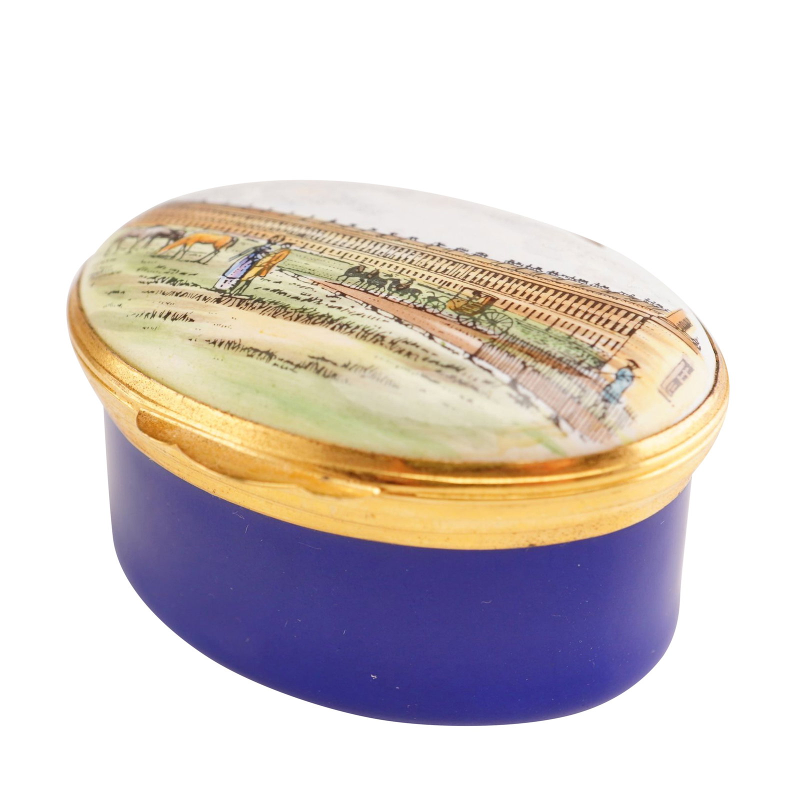 English Hand Painted Treasure Box, The Royal Crescent Hotel: An oval hand painted treasure box commissioned as a souvenir for The Royal Crescent Hotel in Bath, England. The lid features a panoramic multi-color scene depicting the Royal Crescent terrace, includi