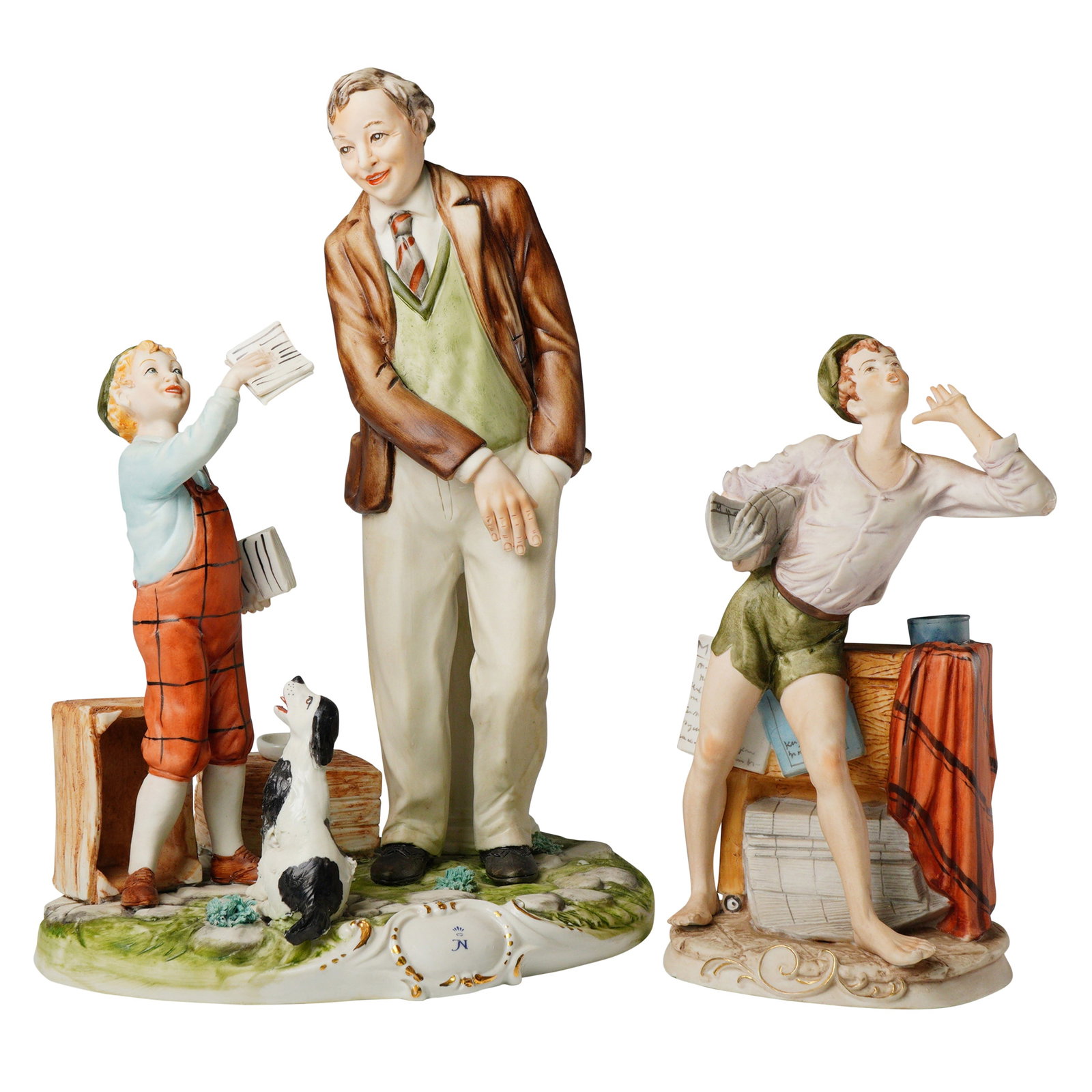 2 Italian Porcelain Figurines Signed Meneghitelli & Benni: A pair of polychrome glazed porcelain genre sculptures, likely 20th-century Italian production. The first and largest piece depicts a standing adult man in a brown jacket and light trousers, receiving