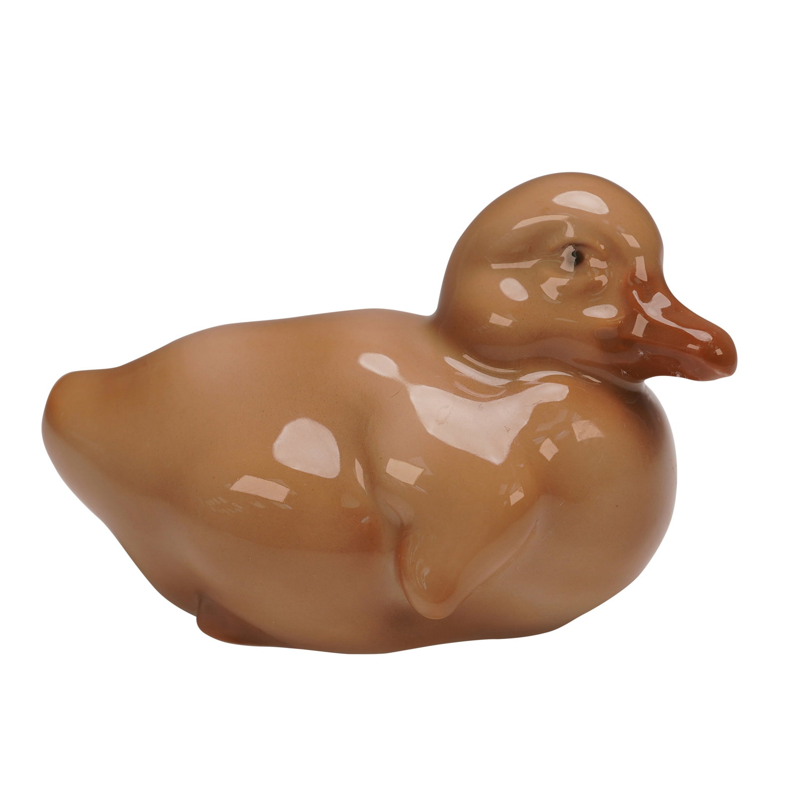Bing & Grondahl Porcelain Duckling Figurine, 1548: This charming porcelain duckling figurine was crafted by Bing & Grondahl of Denmark, known for their exceptional quality and artistry. Finished in a warm brown glaze, the piece captures the gentle, ro