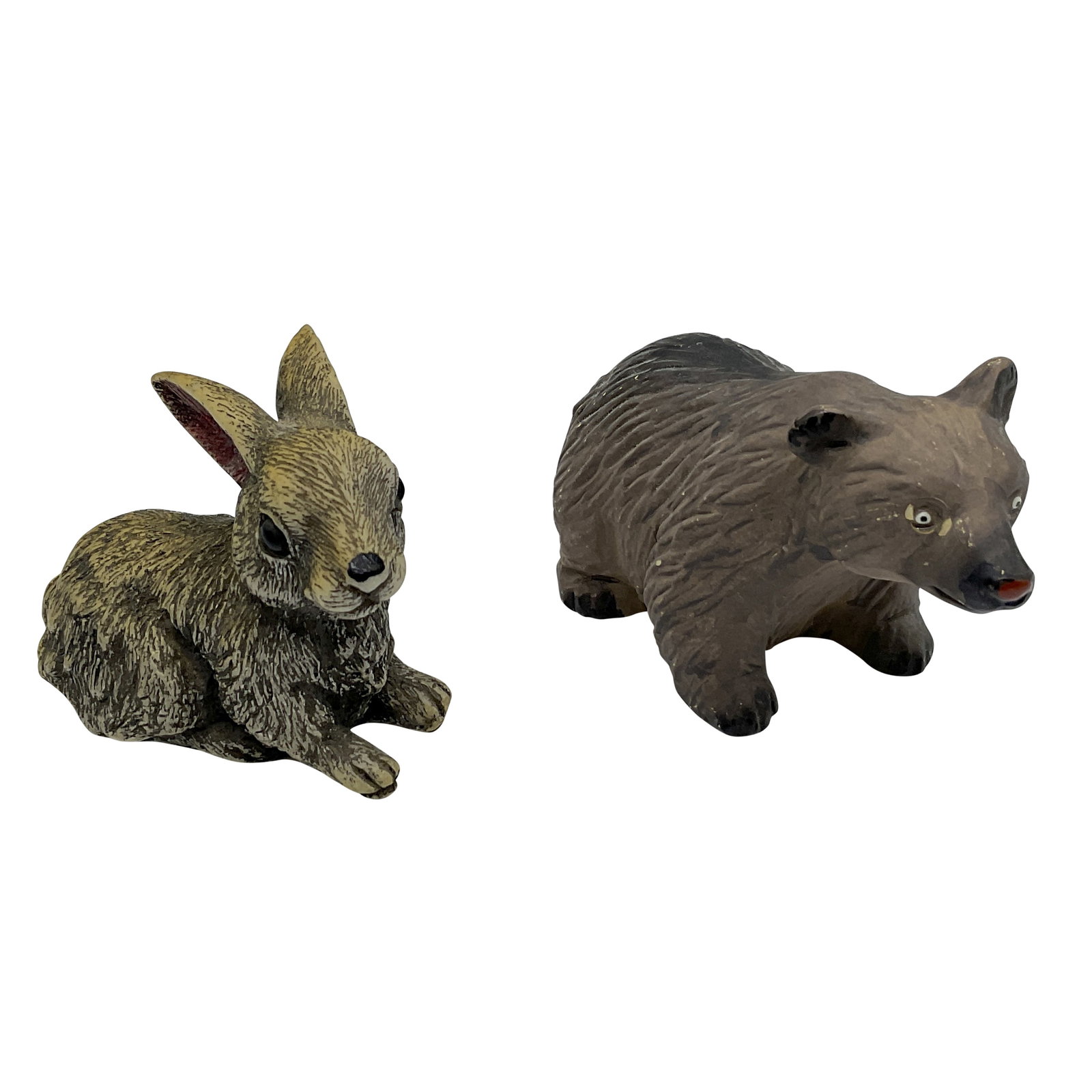 2pc Vintage Ceramic and Resin Animal Figurines: A collection of naturalistic wild creatures, such as a caramel-colored rabbit and a light brown bear. Rabbit: resin, 3"L x 2"W x 2.25"H. Bear: pottery, 4"L x 2"W x 2.5"H. Dimensions: See Description