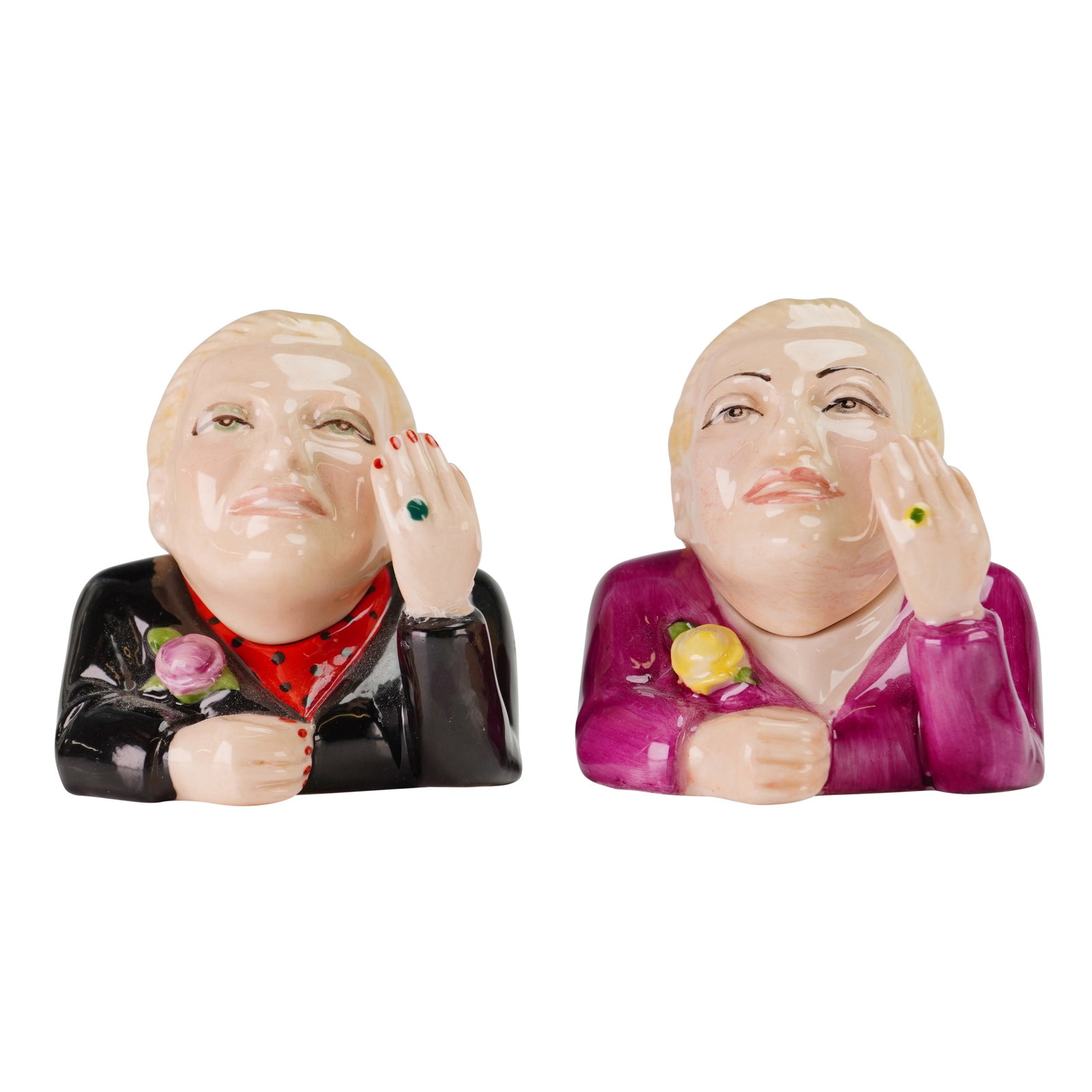 2pc Kevin Francis Eva Peron Ceramic Face Pots, Evita: This is a pair of glazed ceramic lidded character boxes, known as Face Pots, manufactured by Kevin Francis and depicting Eva Peron. Each figure is constructed in two parts, with the head and upper sho