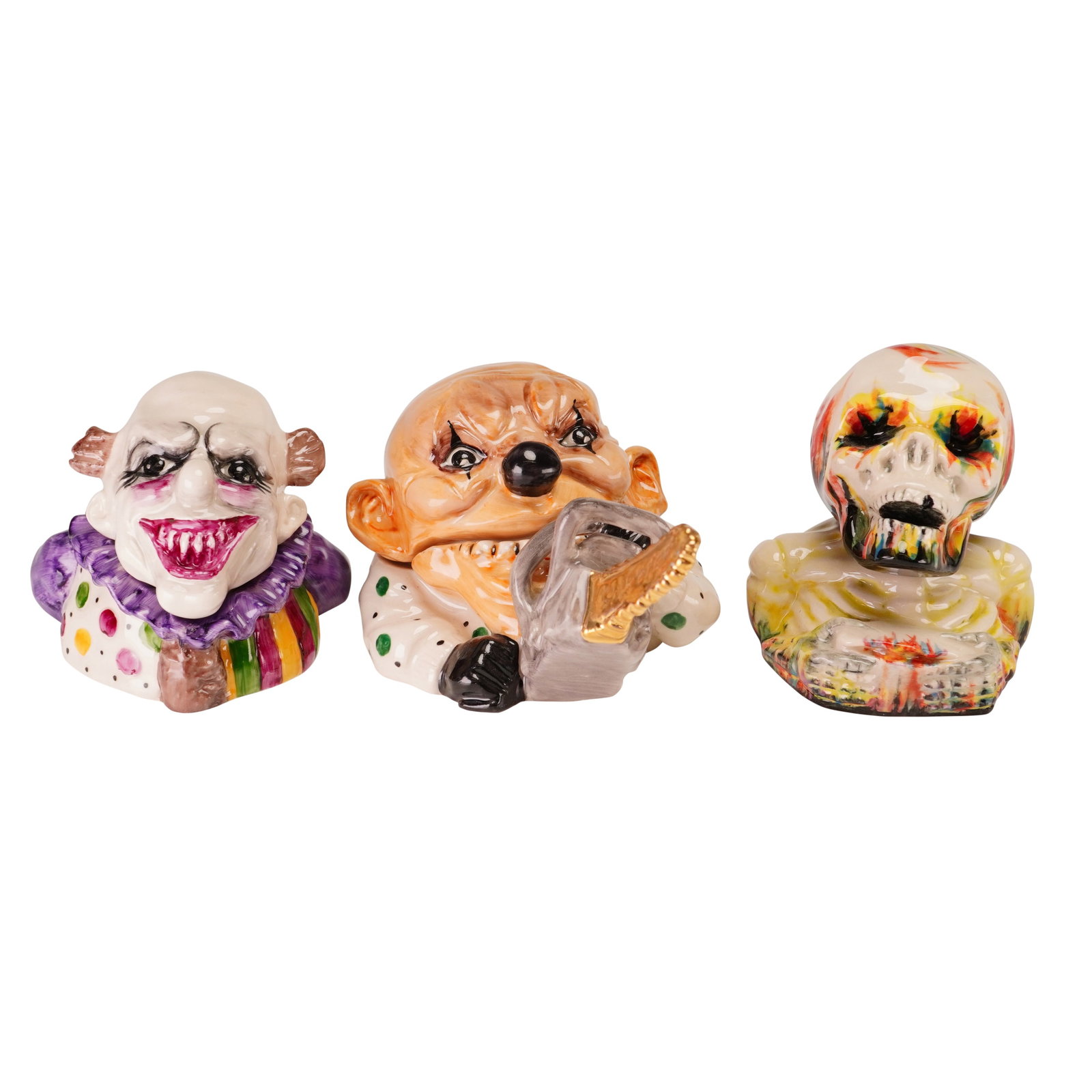 3pc Kevin Francis Face Pots, Prototype Chainsaw Clown, Clown, and Bones: A collection of three hand-painted ceramic trinket boxes from the Face Pots line by Kevin Francis. Each item is a two-piece vessel featuring a character bust where the head serves as a removable lid. 