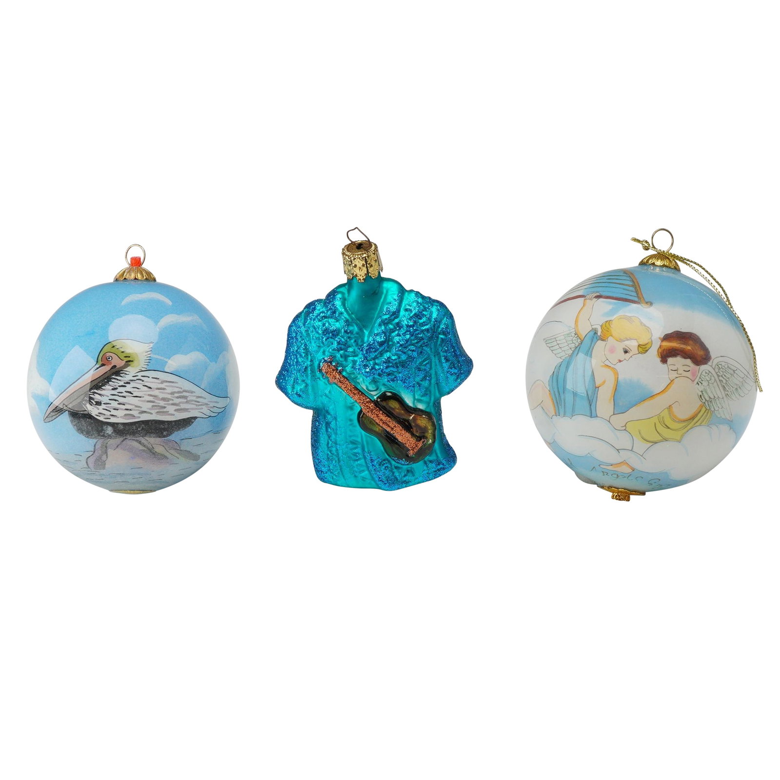 3pc Blue Motif Christmas Tree Ornaments: This collection of three blue Christmas ornaments features distinct decorative designs. The first piece is a round ornament decorated with a scene of aquatic birds, featuring a pair of seagulls and a 