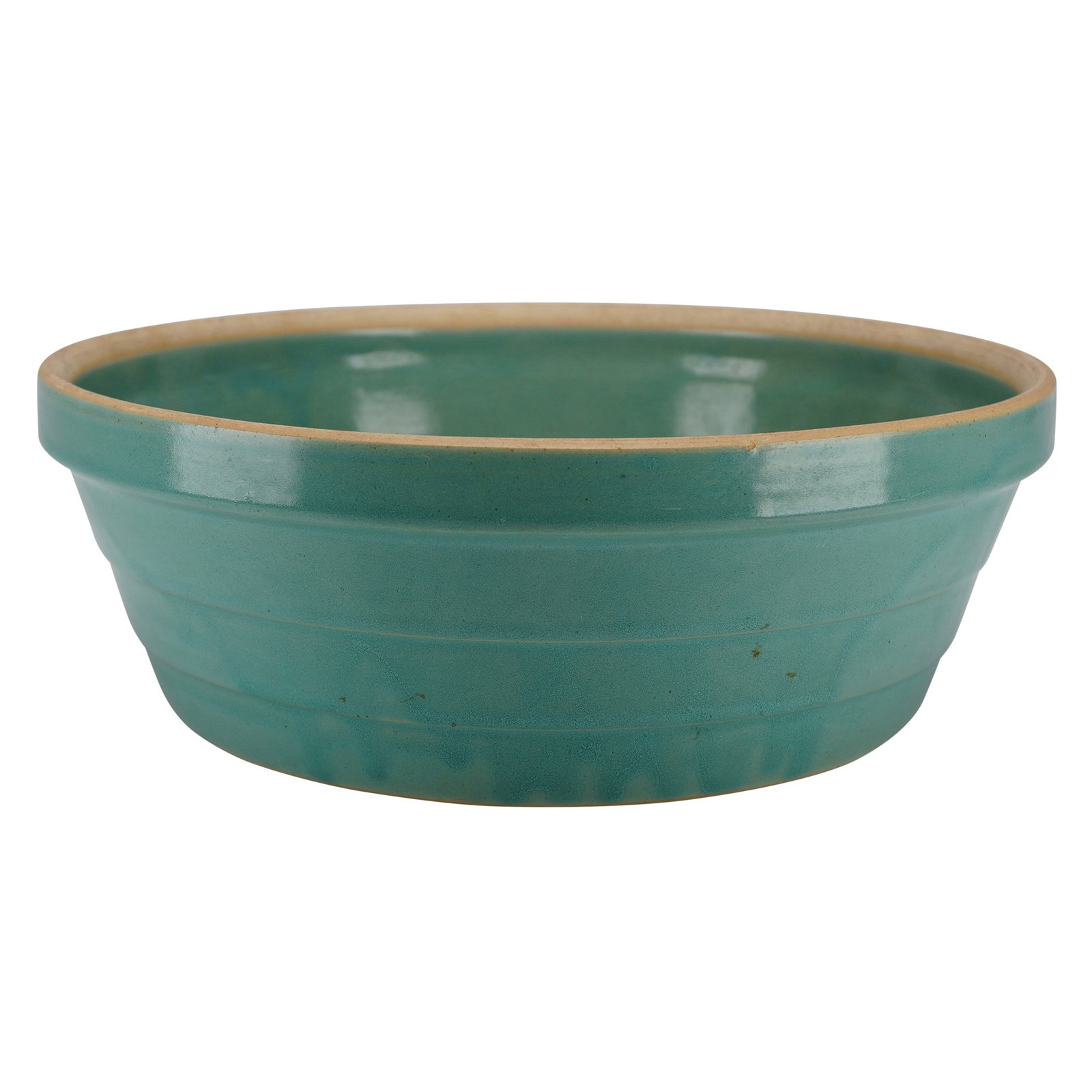 Vintage Fiesta Ware Turquoise Mixing Bowl: This large, shallow ceramic mixing bowl belongs to the Fiesta line produced by the Homer Laughlin China Company. The piece is characterized by a stepped exterior design featuring four horizontal conce