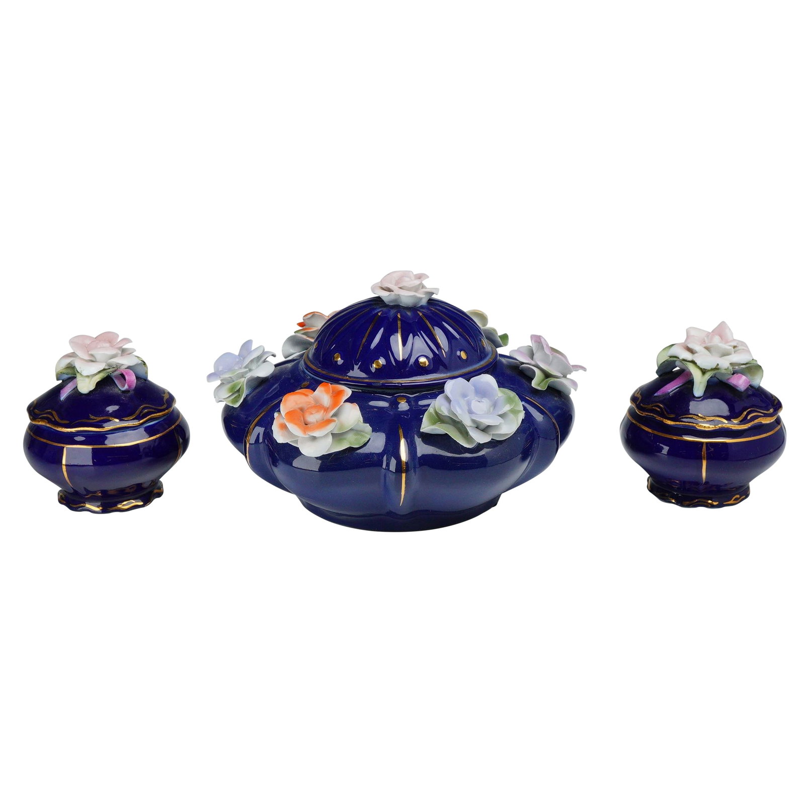 3pc Porfin Cluj Napoca Romanian Porcelain Cobalt Blue Floral Lidded Bowls (1 of 3)