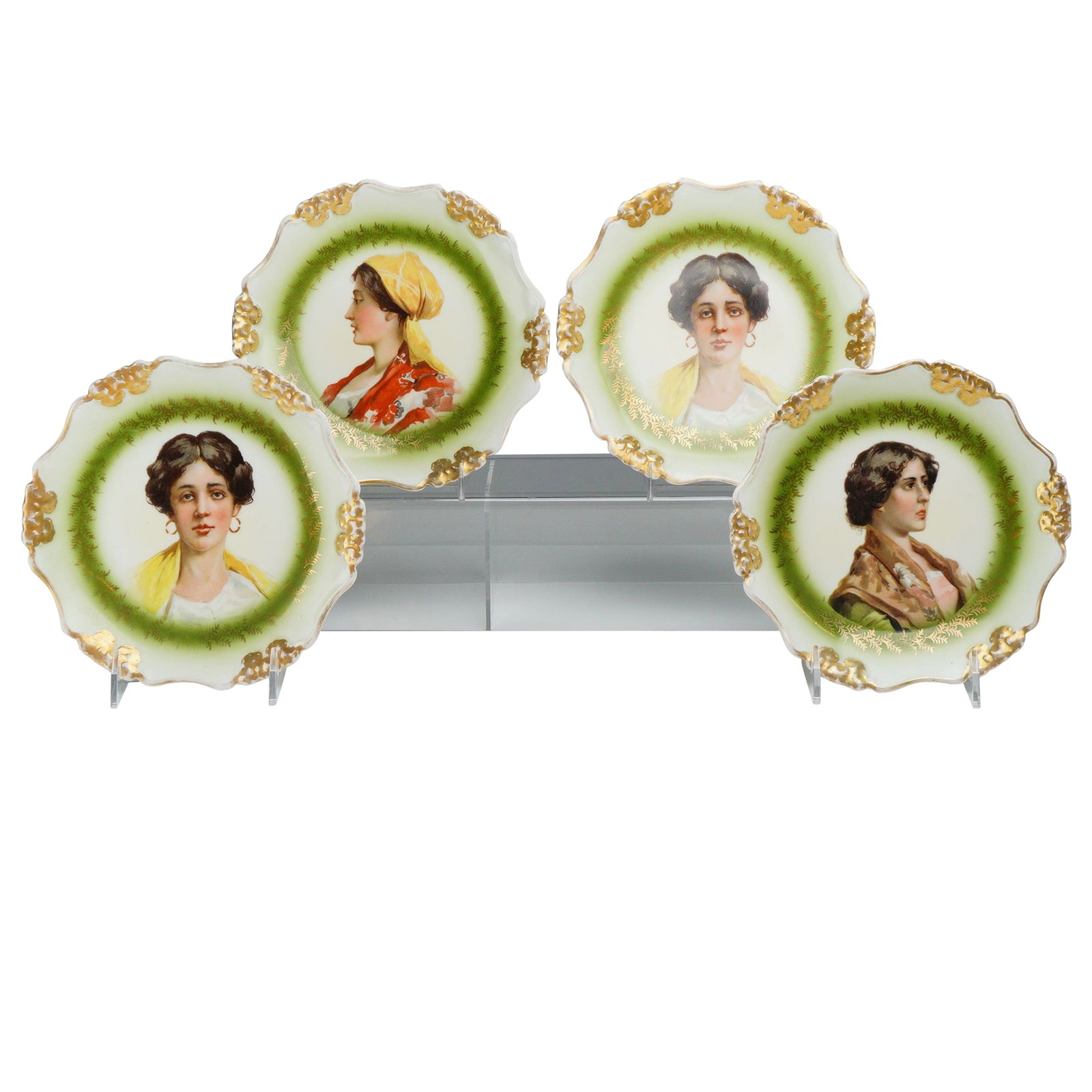 Set of Four Rosenthal RC Bavaria Pensee Porcelain Portrait Plates: This set of four porcelain cabinet plates was produced by Rosenthal and Company in Bavaria, Germany. Each plate is made of fine white translucent porcelain and features a scalloped, relief-molded rim.