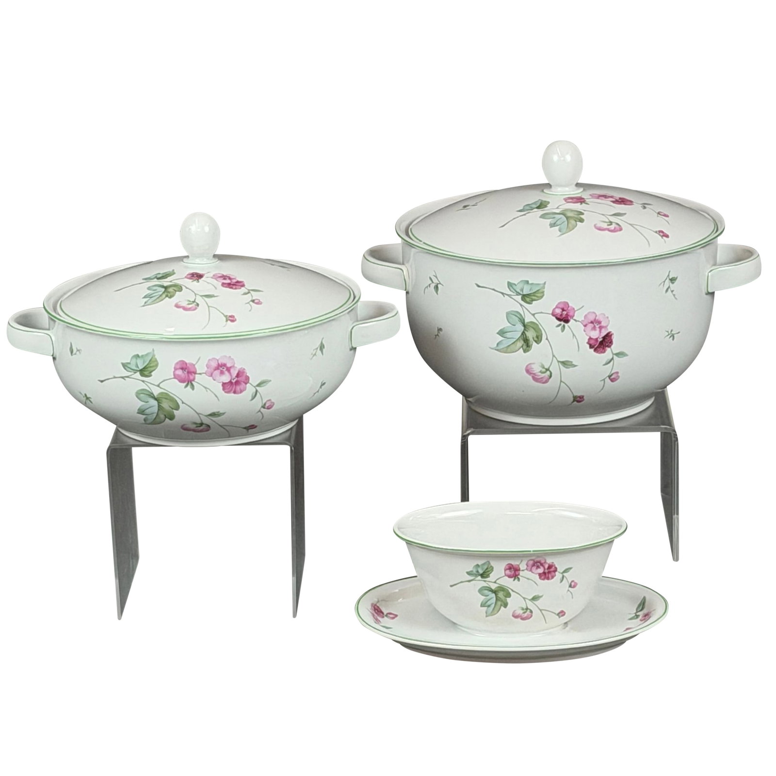 3pc Hutschenreuther Bavaria Porcelain Serving Set with Lids: This set of five Hutschenreuther Bavaria porcelain serving pieces includes two covered serving bowls and a gravy boat. The items are decorated in the Luktart pattern, which features vibrant sprays of 