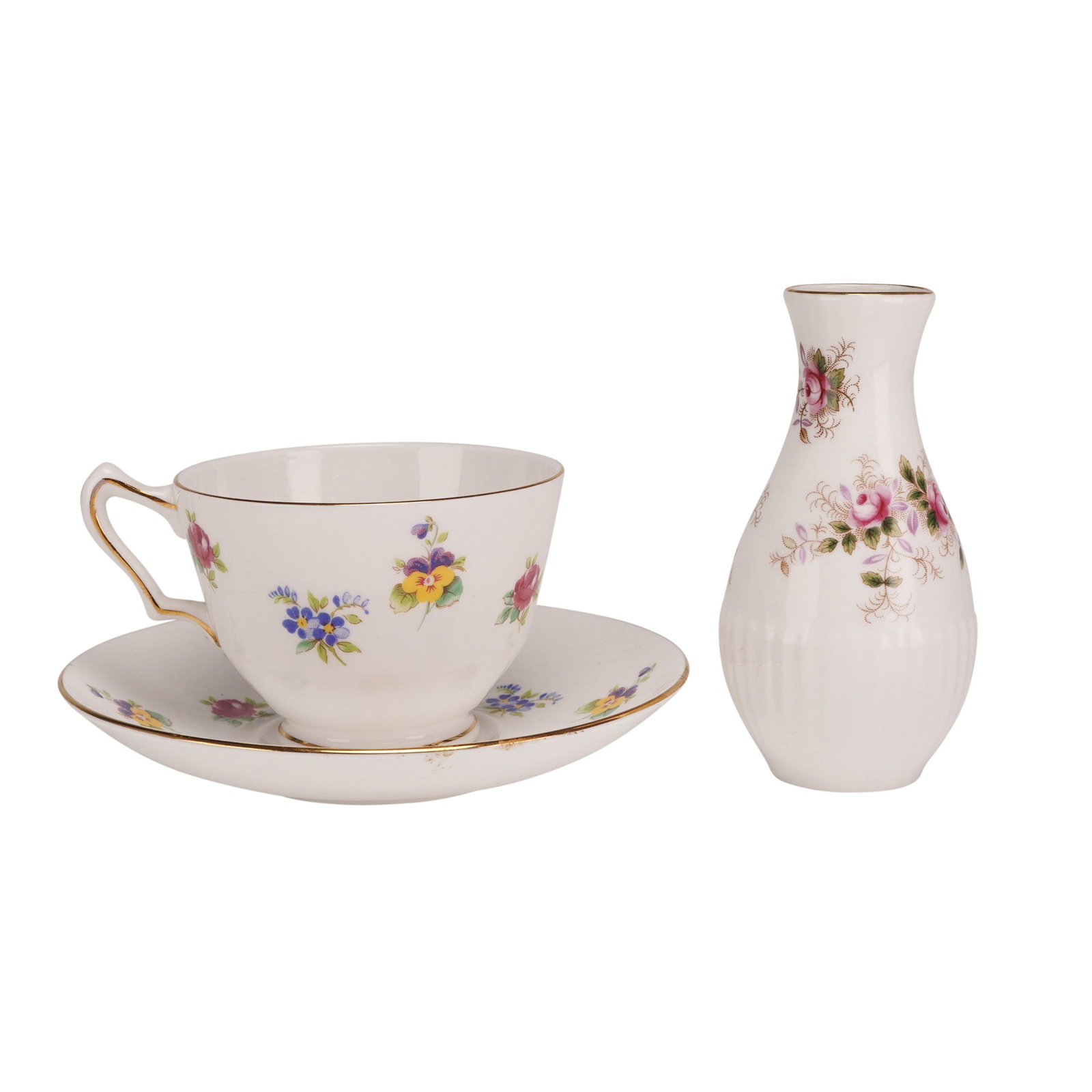 3pc English Bone China Crown Staffordshire Teacup Set & Royal Albert Lavender Rose Miniature Vase: A three-piece collection of English fine bone china comprising a matching teacup and saucer set and a miniature bud vase. The teacup and saucer are manufactured by Crown Staffordshire and feature a tr