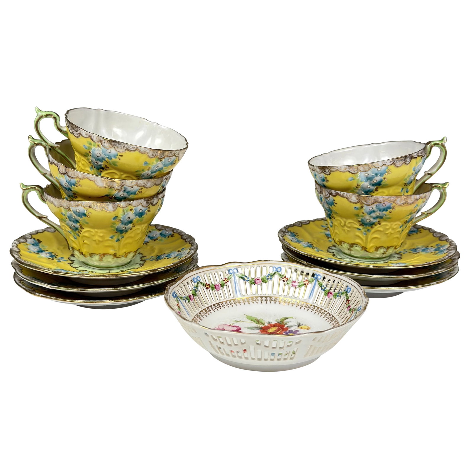 12pc Japanese Yellow and Blue Floral Pattern Teacups, Saucers, and a Reticulated Dish: This collection of Japanese porcelain includes a ten-piece tea service consisting of five teacups and five matching saucers, along with one extra saucer and one extra reticulated dish, totaling twelve