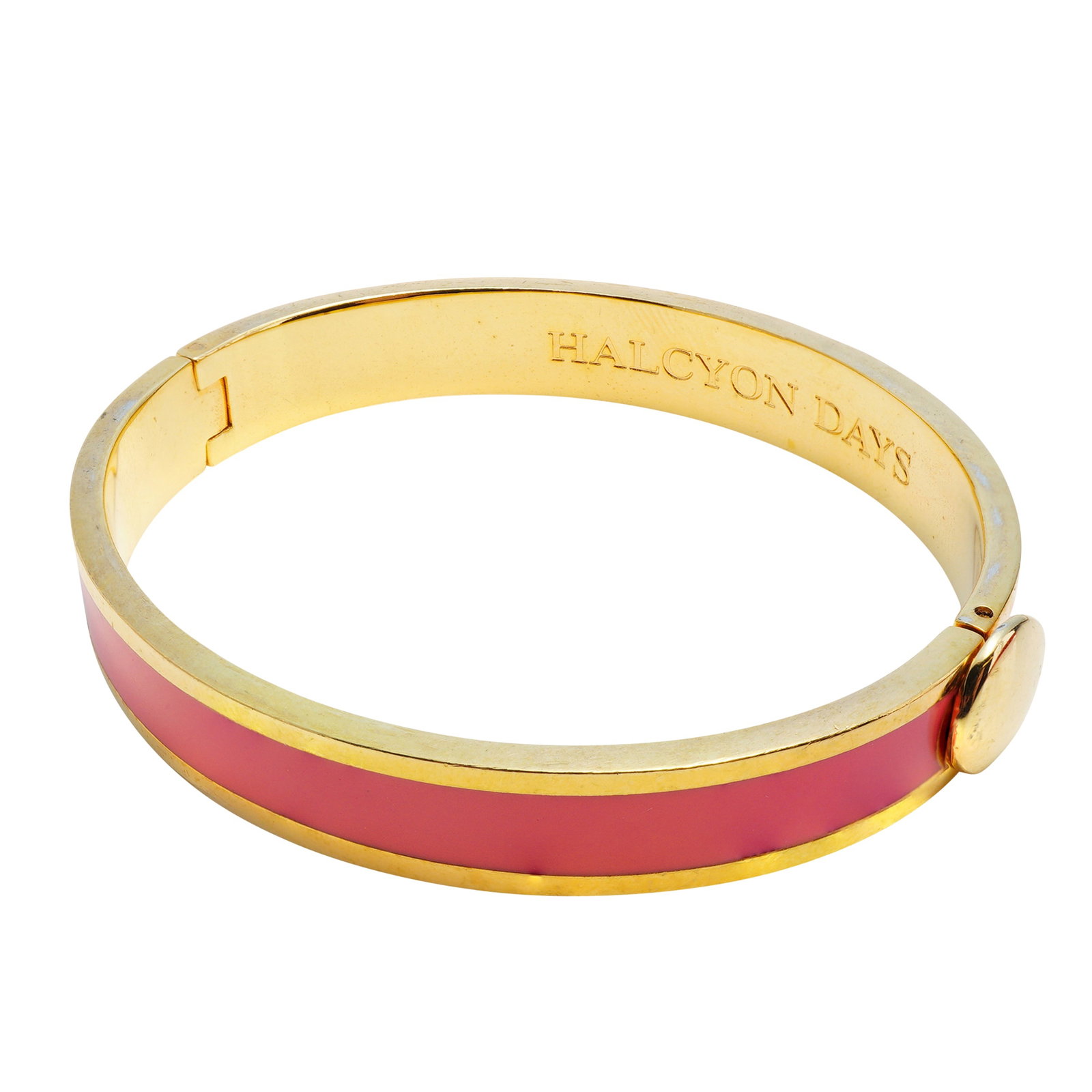 Halcyon Days Gold-Plated Pink Enamel Hinged Bangle Bracelet: This hinged bangle bracelet is crafted by the British brand Halcyon Days. The piece is composed of 18K gold-plated metal featuring a continuous band of inlaid pink enamel. It is designed with a side h