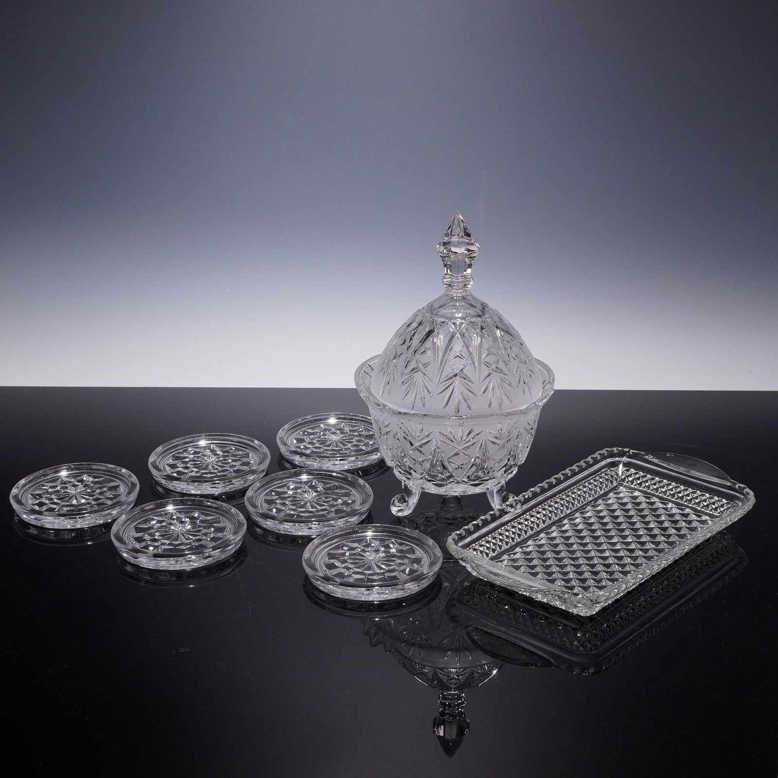 8-Piece Cut Glass Collection Including a Candy Dish with Lid, Six Glass Coasters, and a Relish Tray (1 of 3)