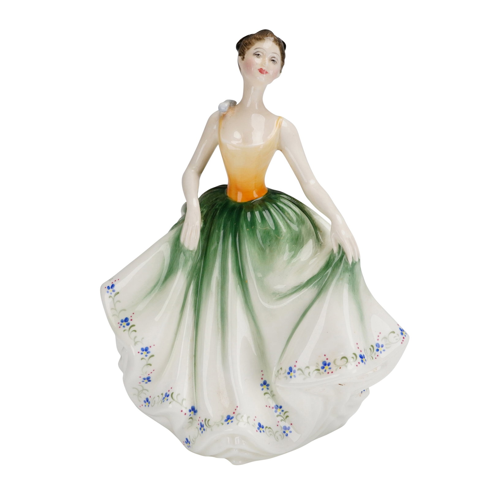Royal Doulton Bone China Figurine Cynthia HN 2440: A Royal Doulton bone china figurine titled Cynthia, model number HN 2440. This hand-decorated figure depicts a woman wearing a voluminous gown with an orange-yellow bodice, a green-shaded upper skirt,