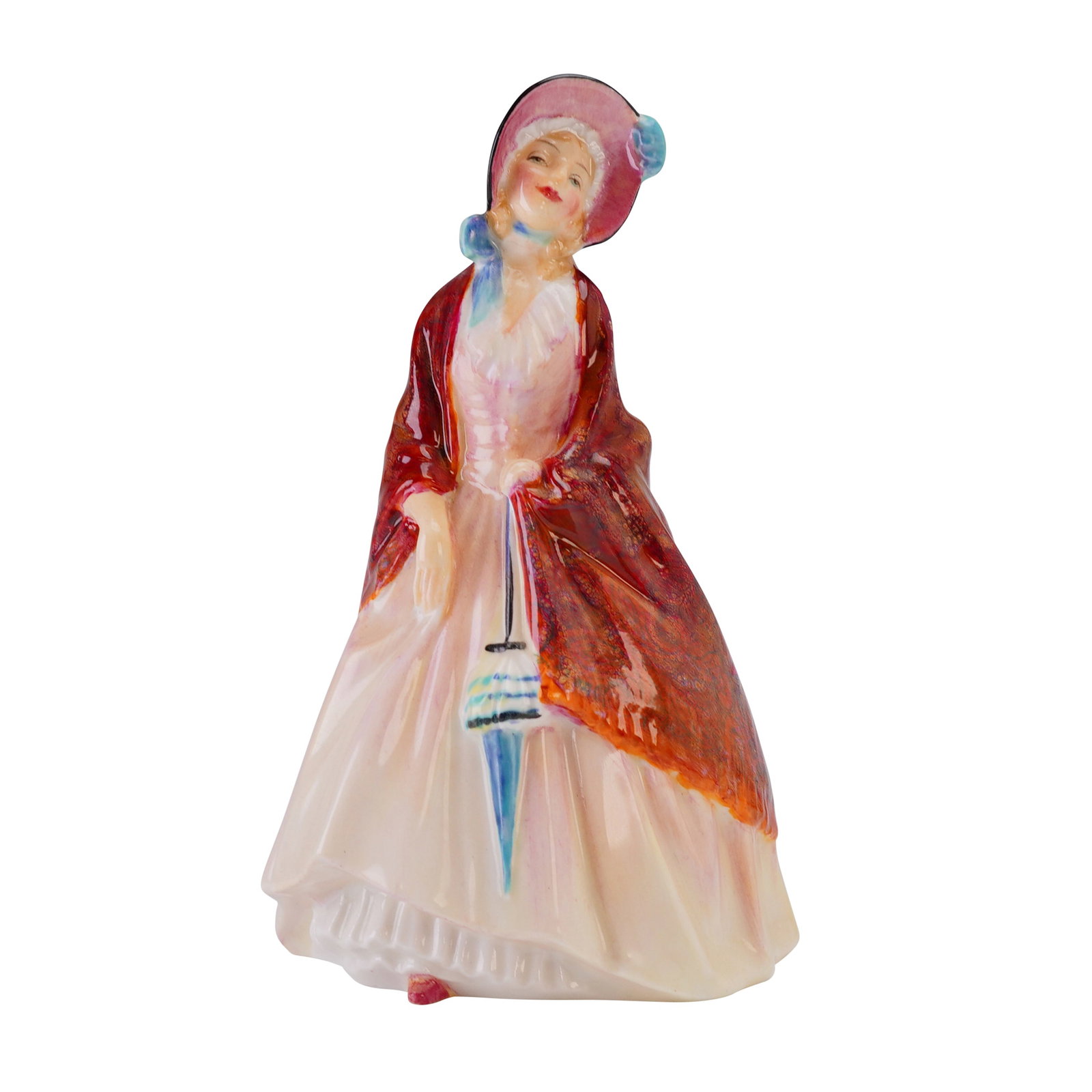 Royal Doulton Bone China Figurine Paisley Shawl HN 1988: A single Royal Doulton Bone China Figurine, titled "Paisley Shawl" (HN1988), depicting a woman in a cream dress and reddish-orange shawl holding a parasol, marked R N o 753120 on the base. Dimensions: