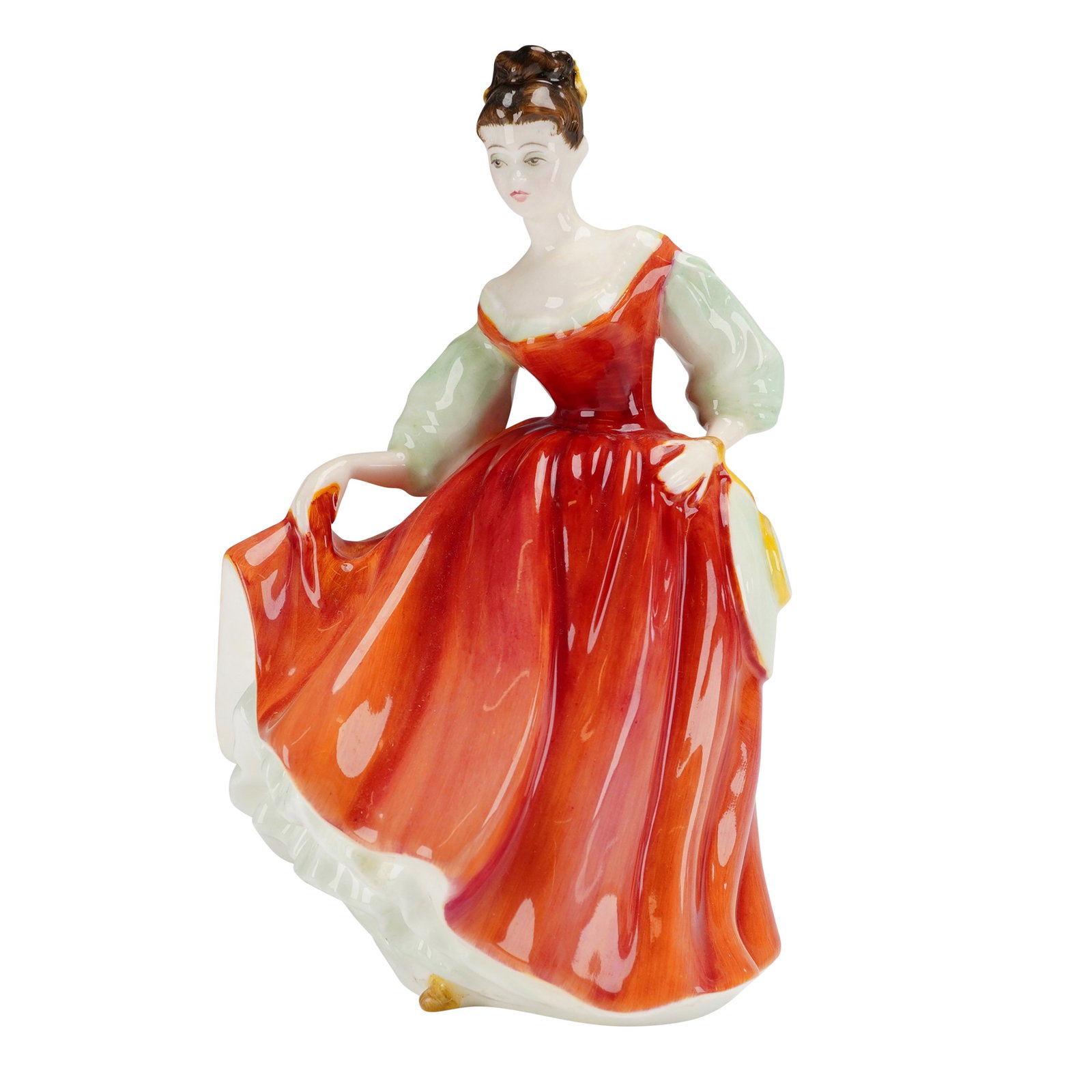 Royal Doulton Bone China Figurine, Fair Lady HN2832: A Royal Doulton bone china figurine titled Fair Lady Red, model number HN2832. The figure depicts a standing woman in a mid-20th-century interpretation of historical dress. The subject wears a hand-pa