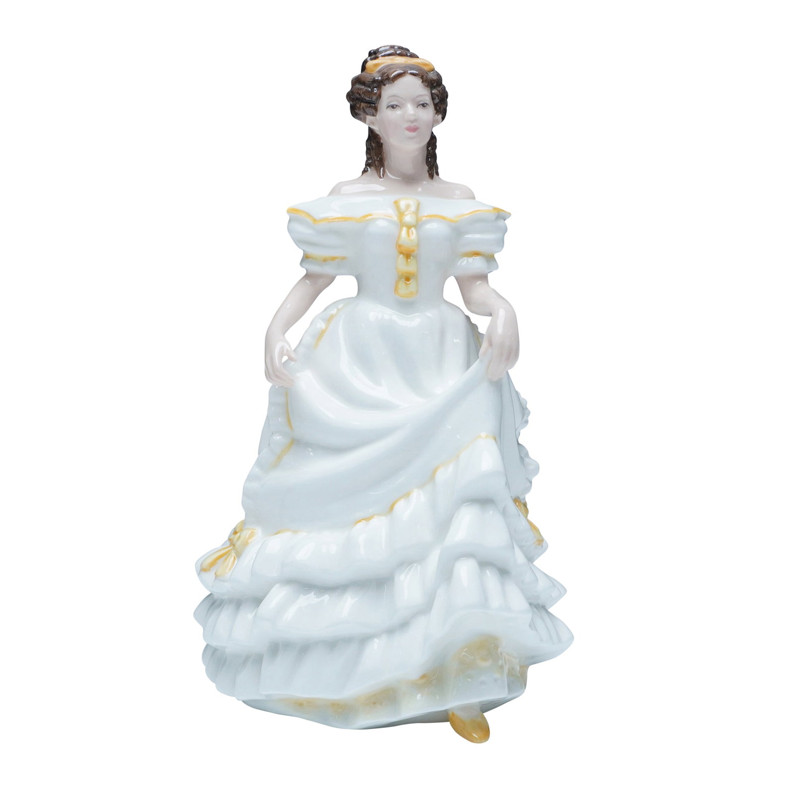 Royal Doulton Figurine Angela HN3690: This exquisite Royal Doulton figurine, Angela HN3690, showcases a beautifully detailed young woman in a flowing white gown adorned with delicate golden accents. Crafted from fine bone china, this eleg