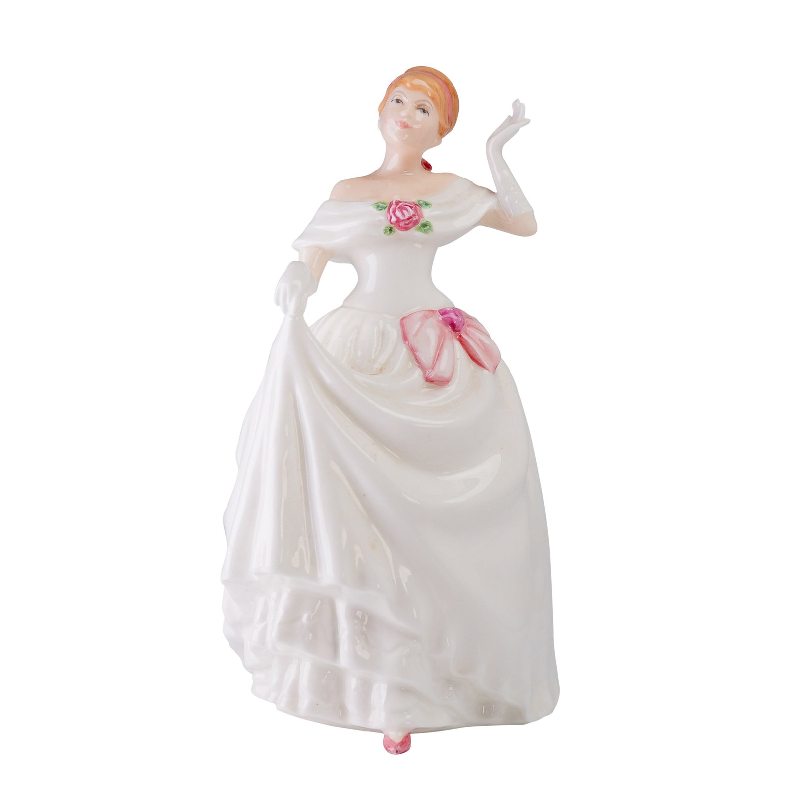 Royal Doulton Figurine Dawn HN3600: A hand-decorated bone china figurine by Royal Doulton, titled Dawn, model number HN 3600. The figure is depicted wearing a flowing, long white evening gown with ruffles, complemented by white opera gl