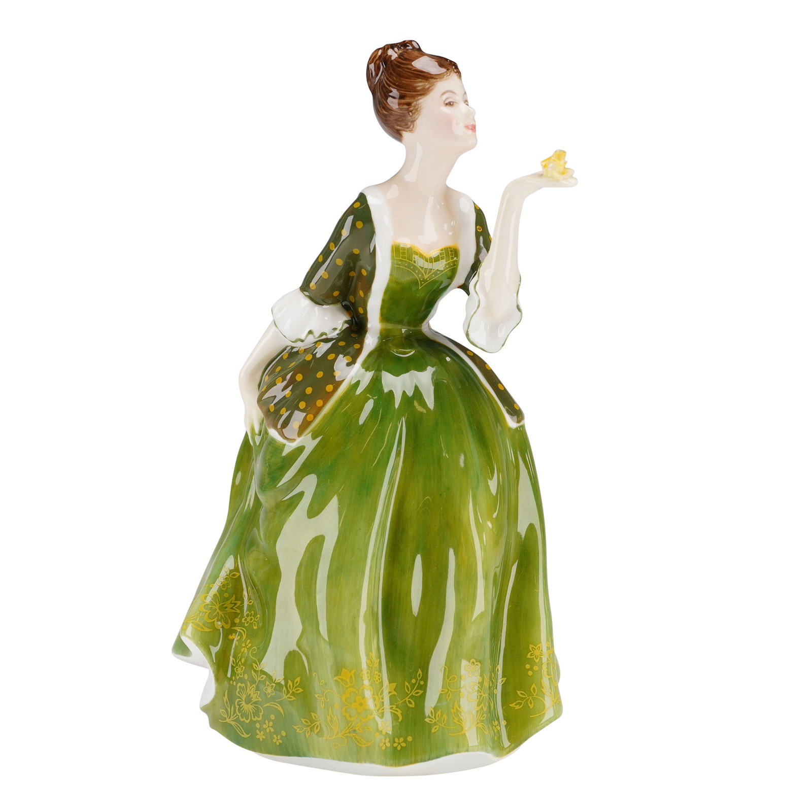 Royal Doulton Figurine Fleur HN 2368: A glazed bone china figurine by Royal Doulton, depicting a woman in a green, white, and yellow-accented gown holding a yellow rose. The underside features the Royal Doulton backstamp, the title Fleur,