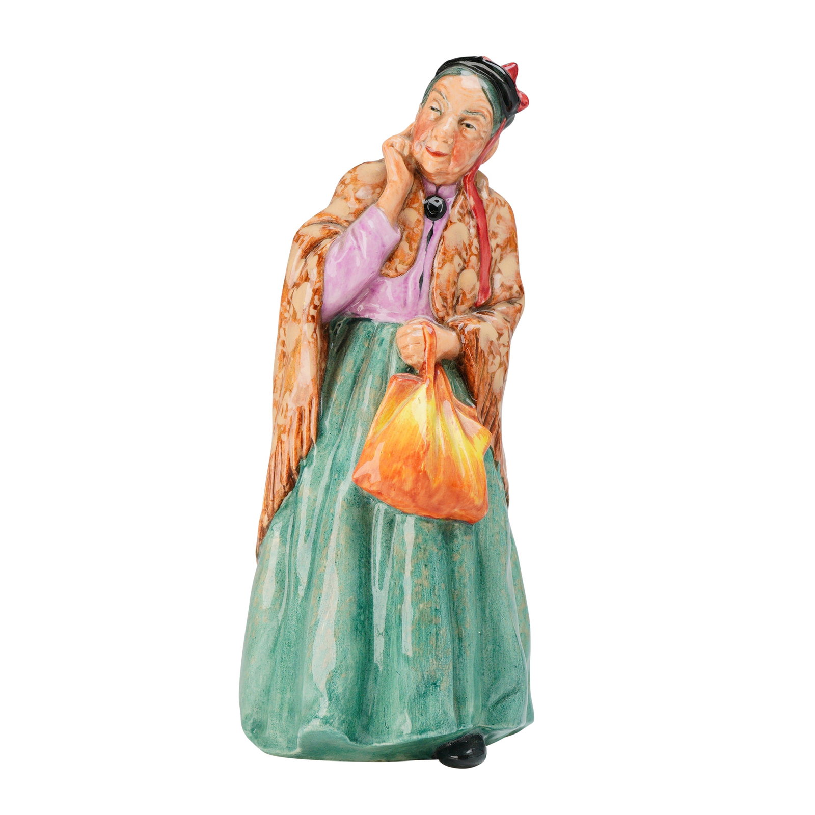 Royal Doulton Figurine, Bridget HN2070: A Royal Doulton Figurine, Bridget HN2070, depicting an older woman in a green dress and orange shawl, marked COPR. 1950. DOULTON & CO. LIMITED. Dimensions: 4.00"L x 3.50"W x 8.00"H Weight: 12.00oz