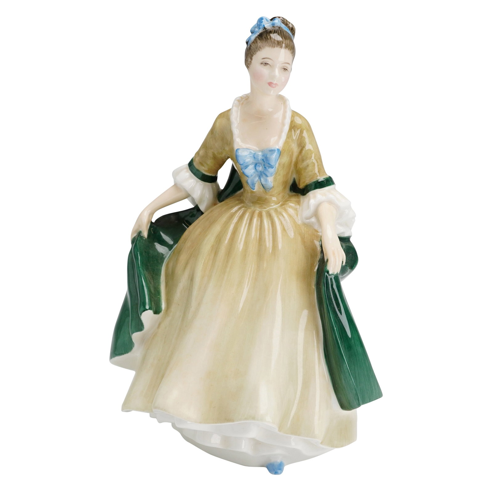 Royal Doulton Figurine, Elegance HN2264: A Royal Doulton bone china figurine titled Elegance, model number HN 2264. The piece depicts a woman in 18th-century period dress, featuring a yellow-gold bodice and underskirt, white ruffled sleeves 