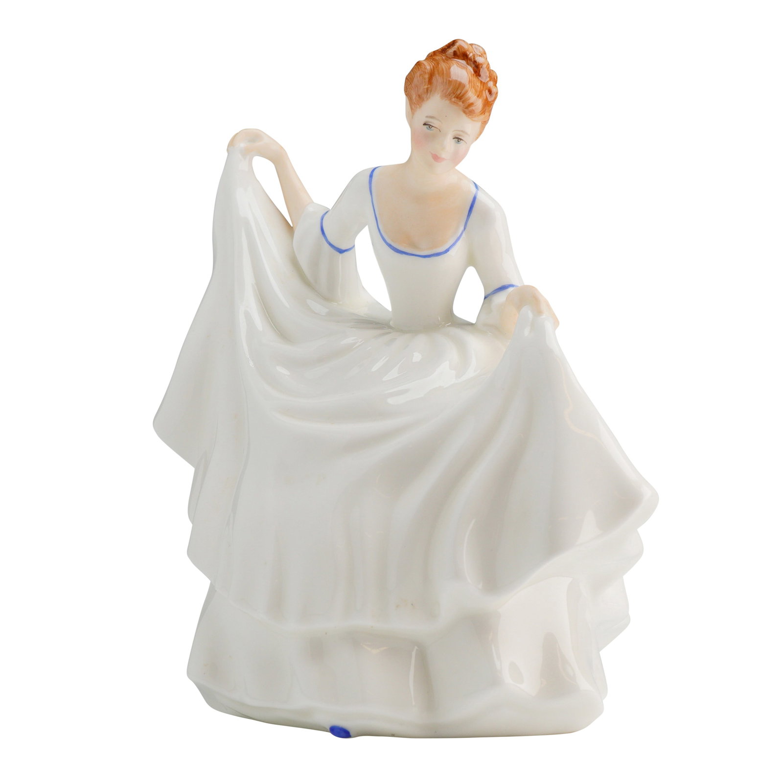 Royal Doulton Figurine, Pamela HN 2479: A Royal Doulton figurine, depicting a woman in a white and flesh-tone dress holding her skirt, marked 1986 and modelled by Peggy Davies. Royal Doulton backstamp on base. Dimensions: 6.75"L x 5.25"W x 
