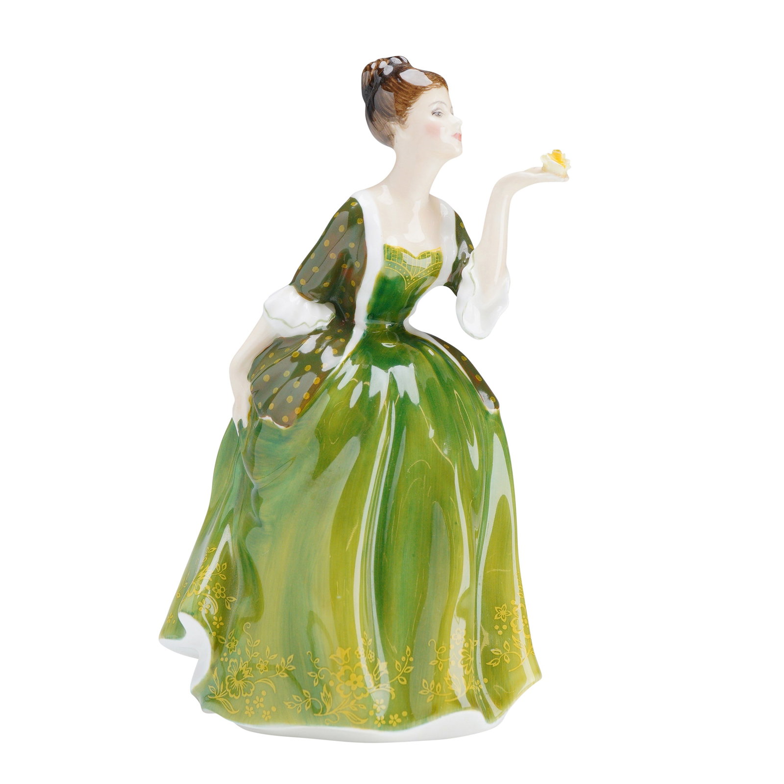 Royal Doulton Porcelain Figurine, Fleur HN 2368: A fine English bone china figurine produced by Royal Doulton, titled Fleur, model number HN 2368. This piece depicts a young woman in 18th-century period attire. She is shown in a graceful pose wearin