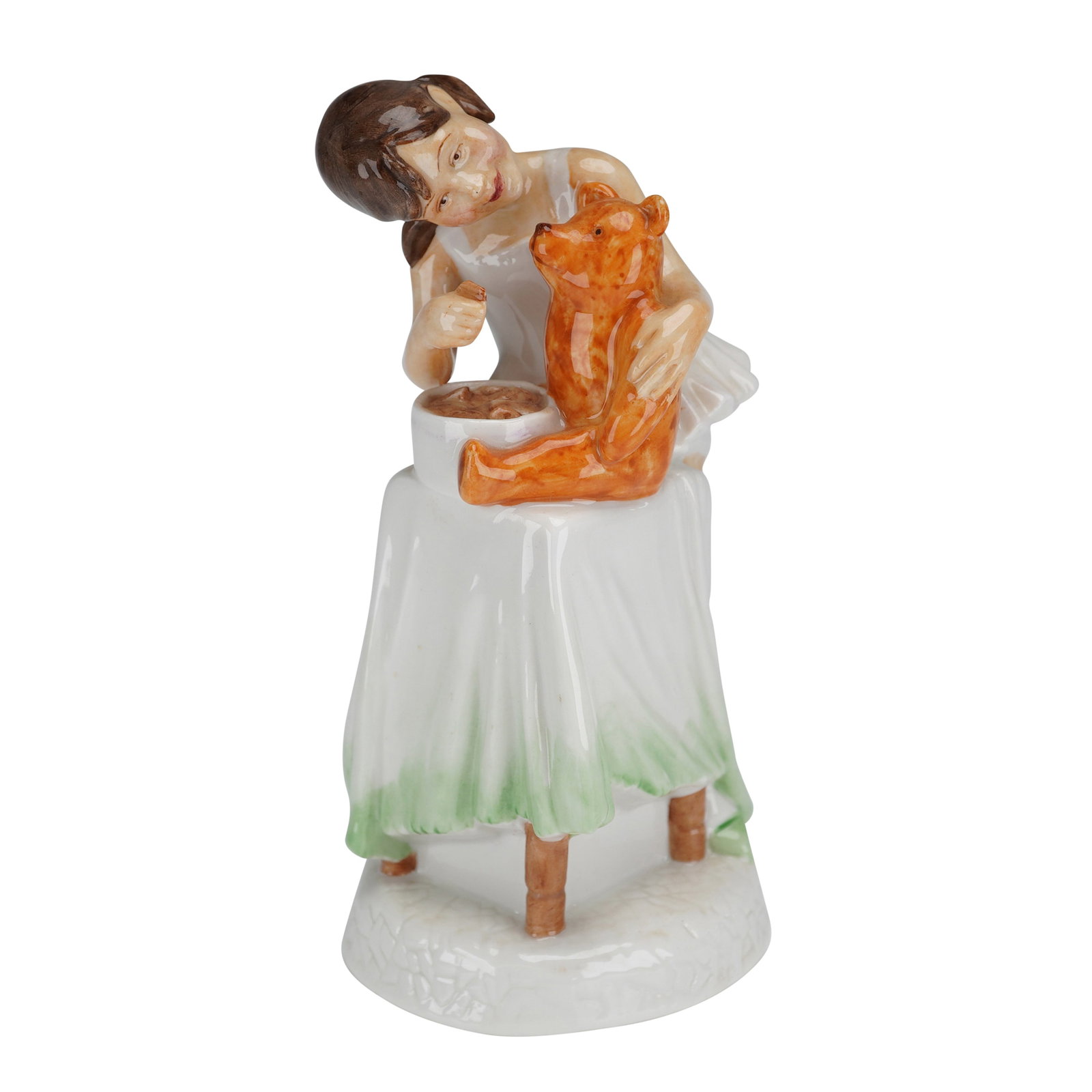 Royal Doulton Childhood Days And One For You HN2970 Figurine: A single glazed porcelain figurine by Royal Doulton, titled "And One For You," model number HN 2970, from the Childhood Days series. The figurine depicts a young girl in a white shift dress leaning ov