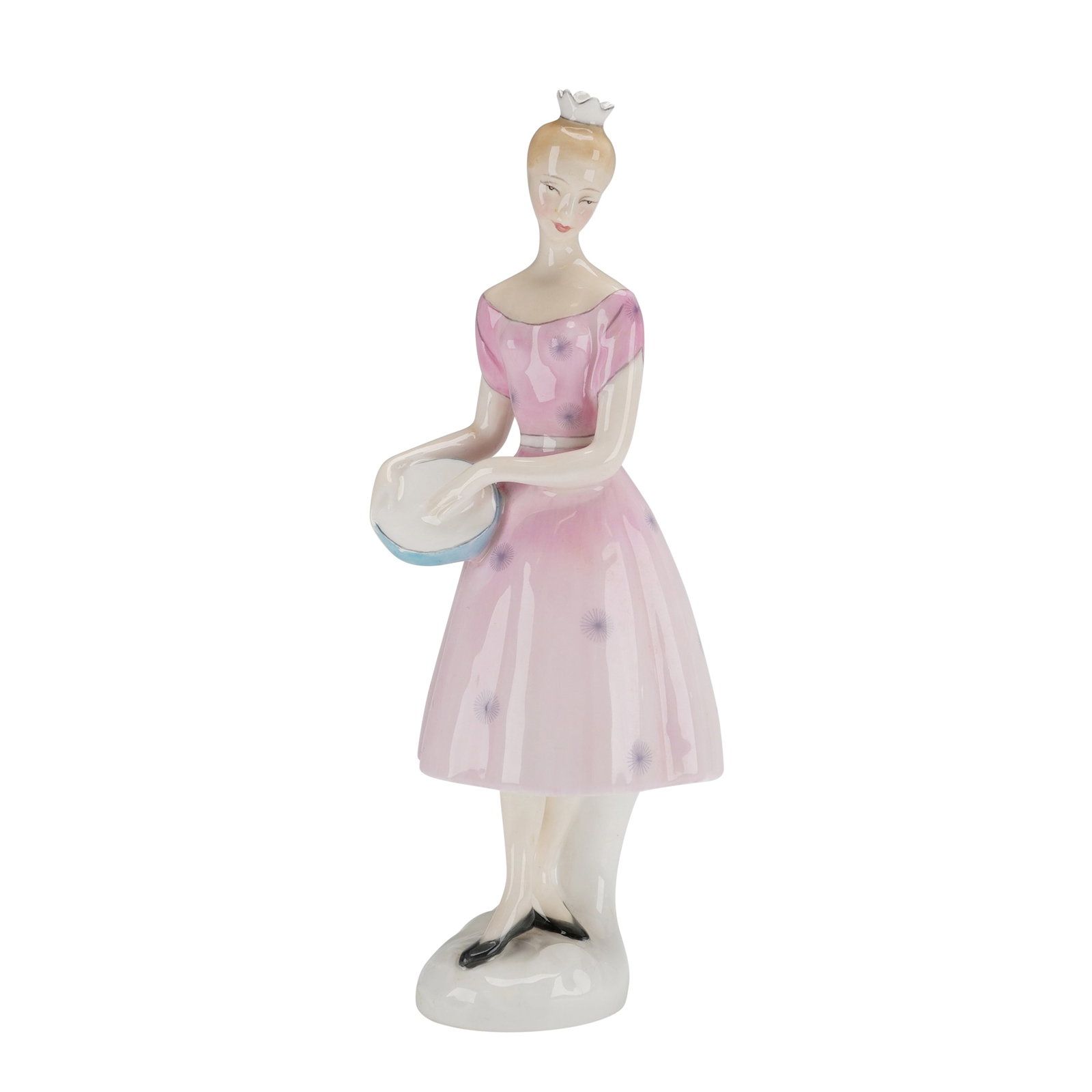 Royal Doulton Columbine HN 2185 Porcelain Figurine: A Royal Doulton bone china figurine titled Columbine, model number HN 2185. This mid-century modern style piece depicts a slender female figure wearing a pink off-the-shoulder dress decorated with pur