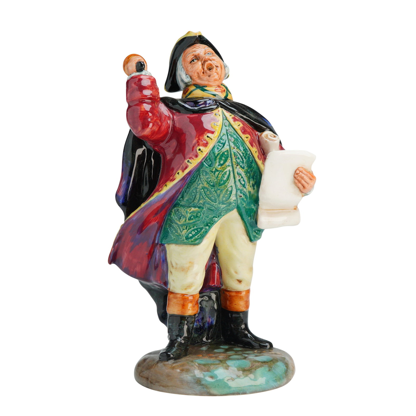 Royal Doulton Figurine Town Crier HN2119: This piece depicts a male figure in traditional 18th-century attire, featuring a red coat over a green patterned waistcoat and cream-colored breeches. The figure wears a flowing black cloak with iride