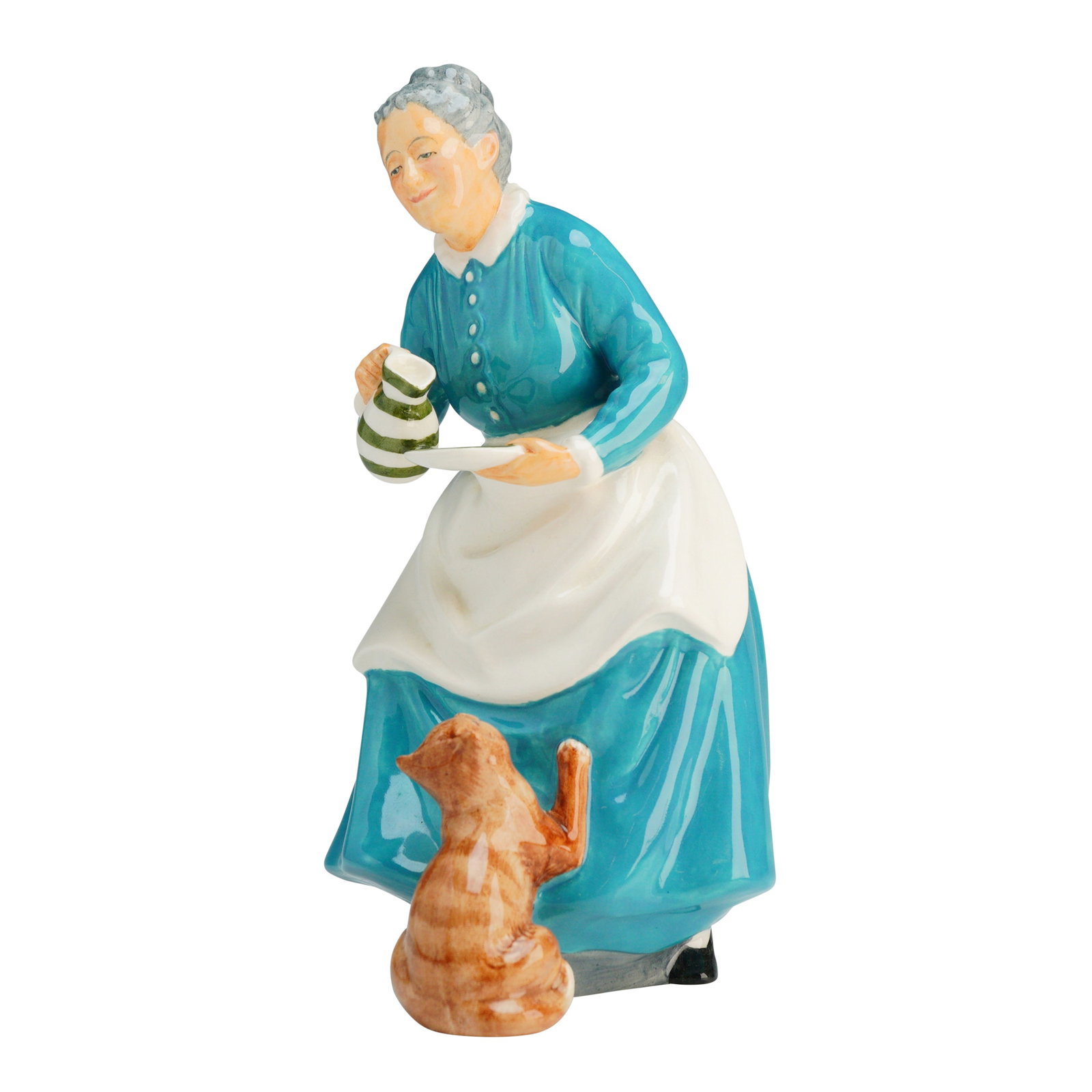 Royal Doulton Figurine, Favourite HN2249: The figure depicts an elderly woman in a teal-blue dress and white apron pouring from a green-and-white striped pitcher for a ginger cat at her feet. The piece features a high-gloss glaze finish. The 