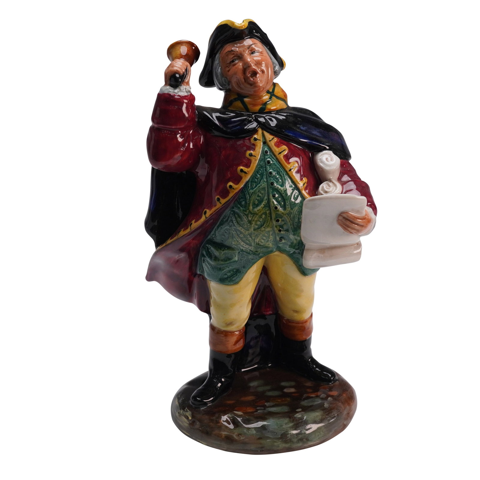 Royal Doulton Figurine, Town Crier HN2119: A Royal Doulton porcelain figurine titled Town Crier (HN2119), designed by M. Davies and first issued in 1952. The figure depicts a lively town crier in period attire, standing with one hand raised ho