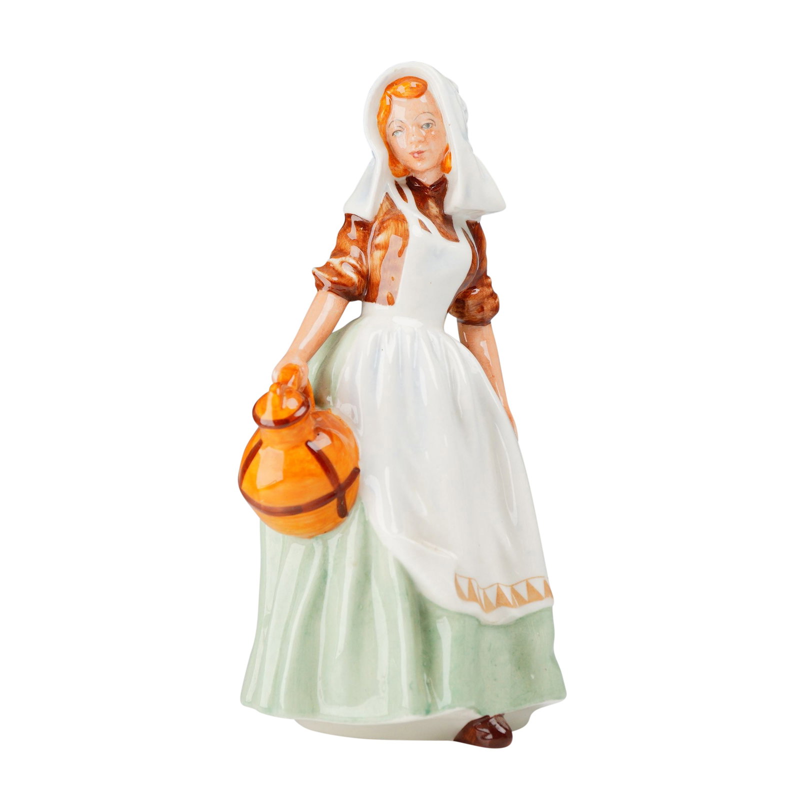 Royal Doulton Porcelain Figurine, Jersey Milkmaid HN2057: This Royal Doulton hand-painted porcelain figure, titled Jersey Milkmaid and numbered HN2057, was designed by Leslie Harradine and produced between 1950 and 1959. The figurine depicts a young woman in