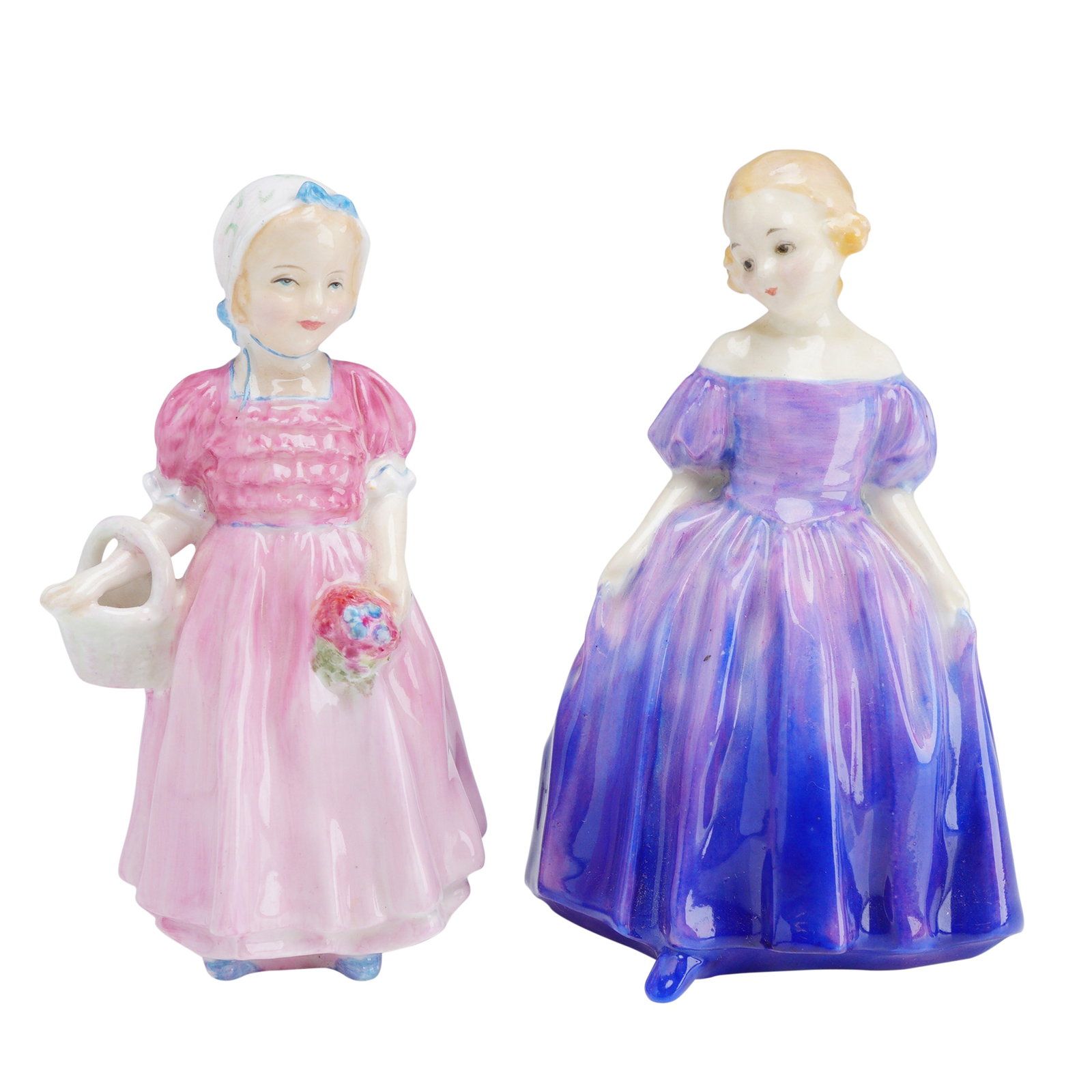Royal Doulton Porcelain Figurines, Tinkle Bell HN1677 and Marie HN1370: This lot features two vintage Royal Doulton hand-painted fine bone china figurines. The first figurine, titled Tinkle Bell (HN1677), depicts a young girl in a ruffled pink dress and a white bonnet tie
